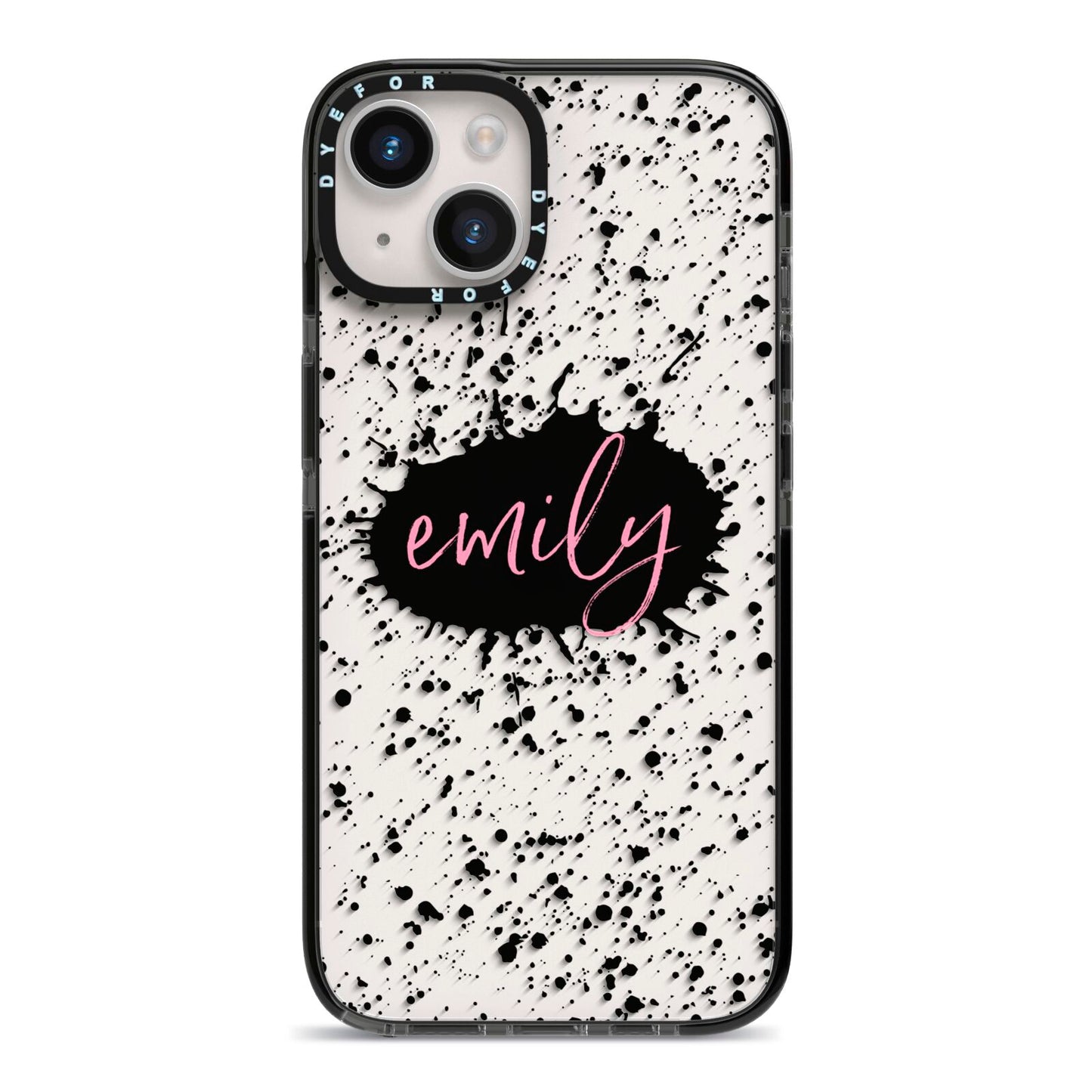Personalised Black Ink Splat Clear Name iPhone 14 Black Impact Case on Silver phone
