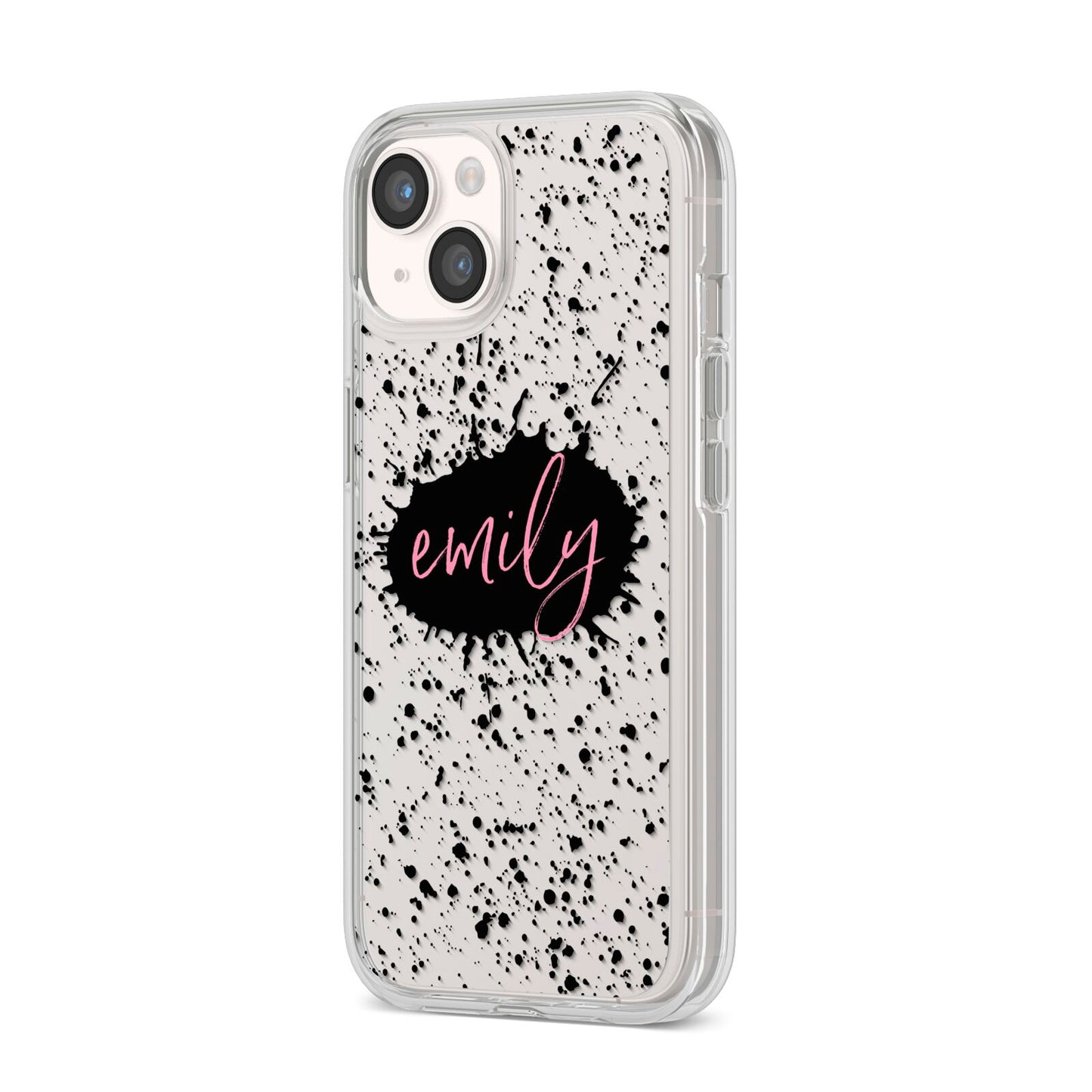 Personalised Black Ink Splat Clear Name iPhone 14 Clear Tough Case Starlight Angled Image
