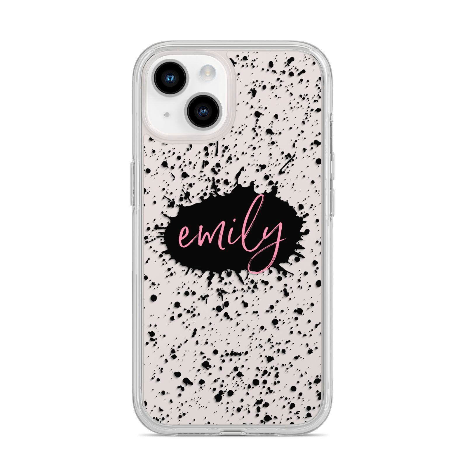 Personalised Black Ink Splat Clear Name iPhone 14 Clear Tough Case Starlight