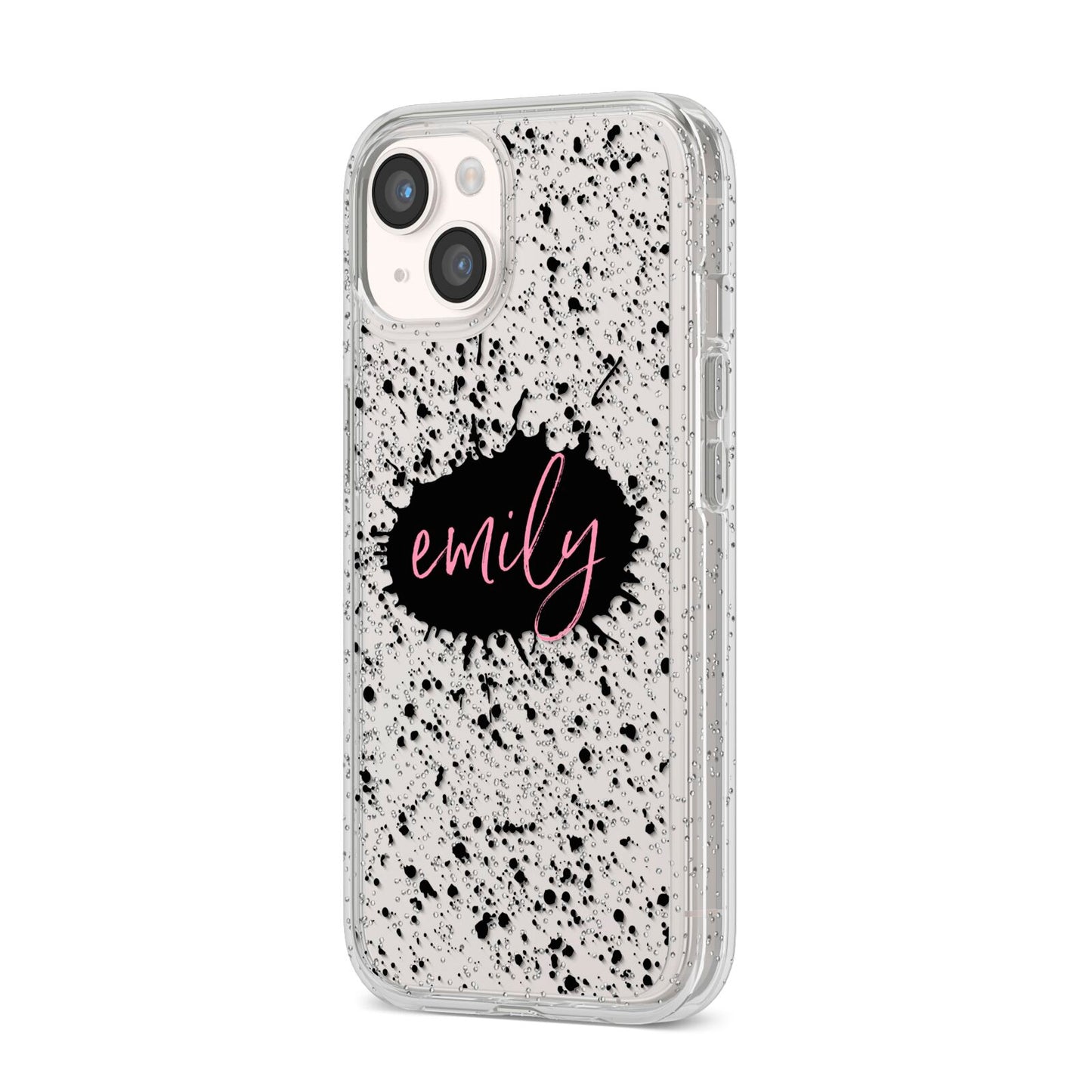 Personalised Black Ink Splat Clear Name iPhone 14 Glitter Tough Case Starlight Angled Image