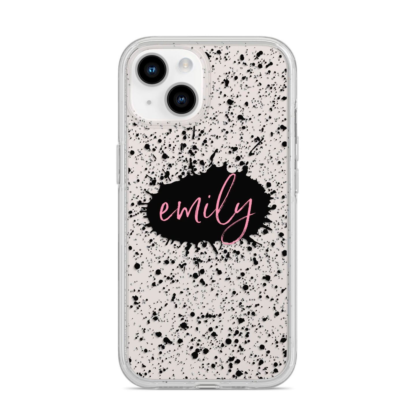 Personalised Black Ink Splat Clear Name iPhone 14 Glitter Tough Case Starlight
