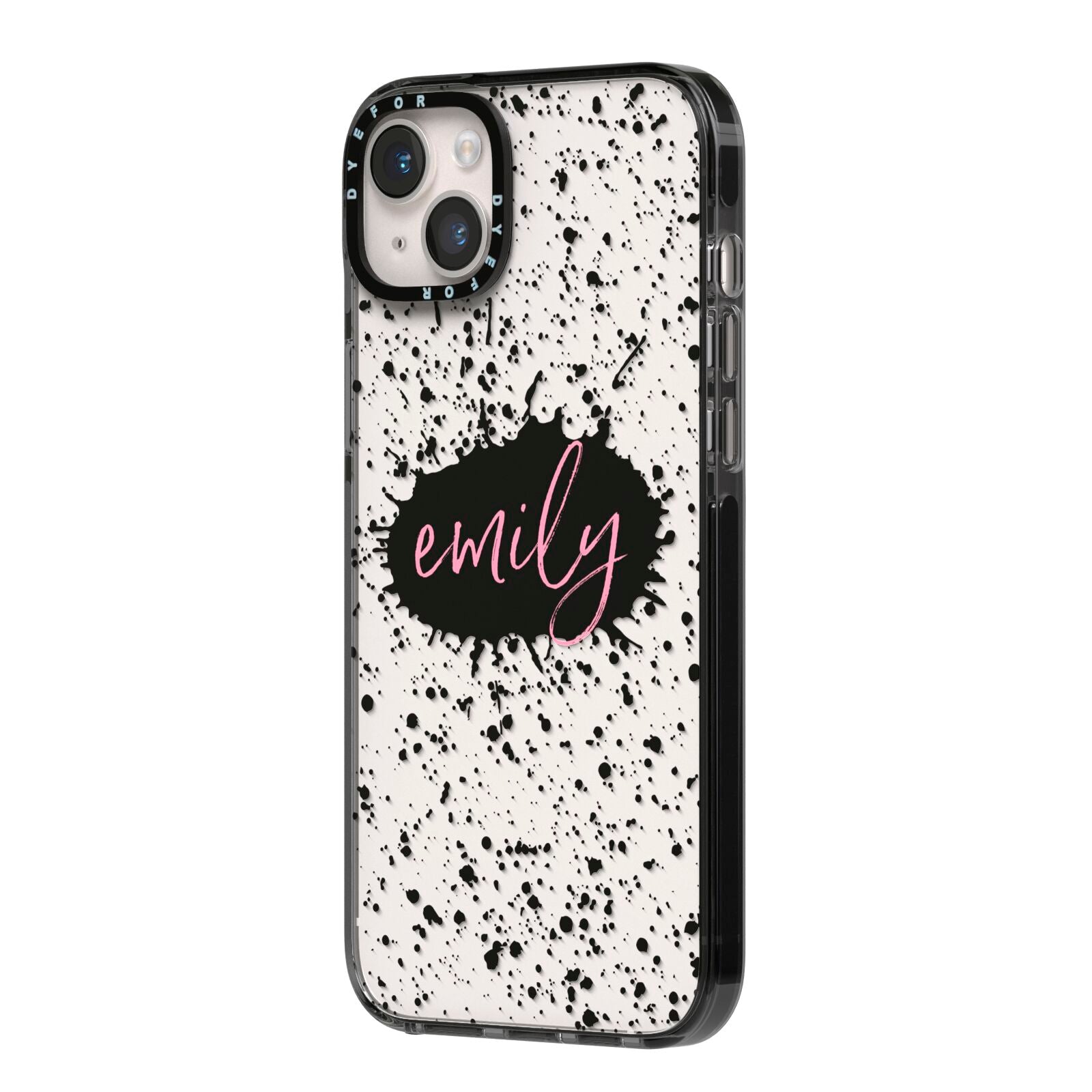 Personalised Black Ink Splat Clear Name iPhone 14 Plus Black Impact Case Side Angle on Silver phone