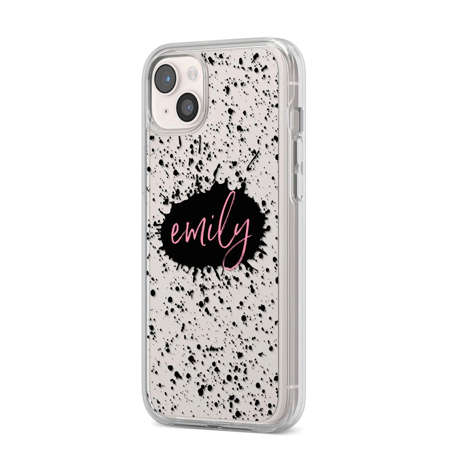 Personalised Black Ink Splat Clear Name iPhone 14 Plus Clear Tough Case Starlight Angled Image