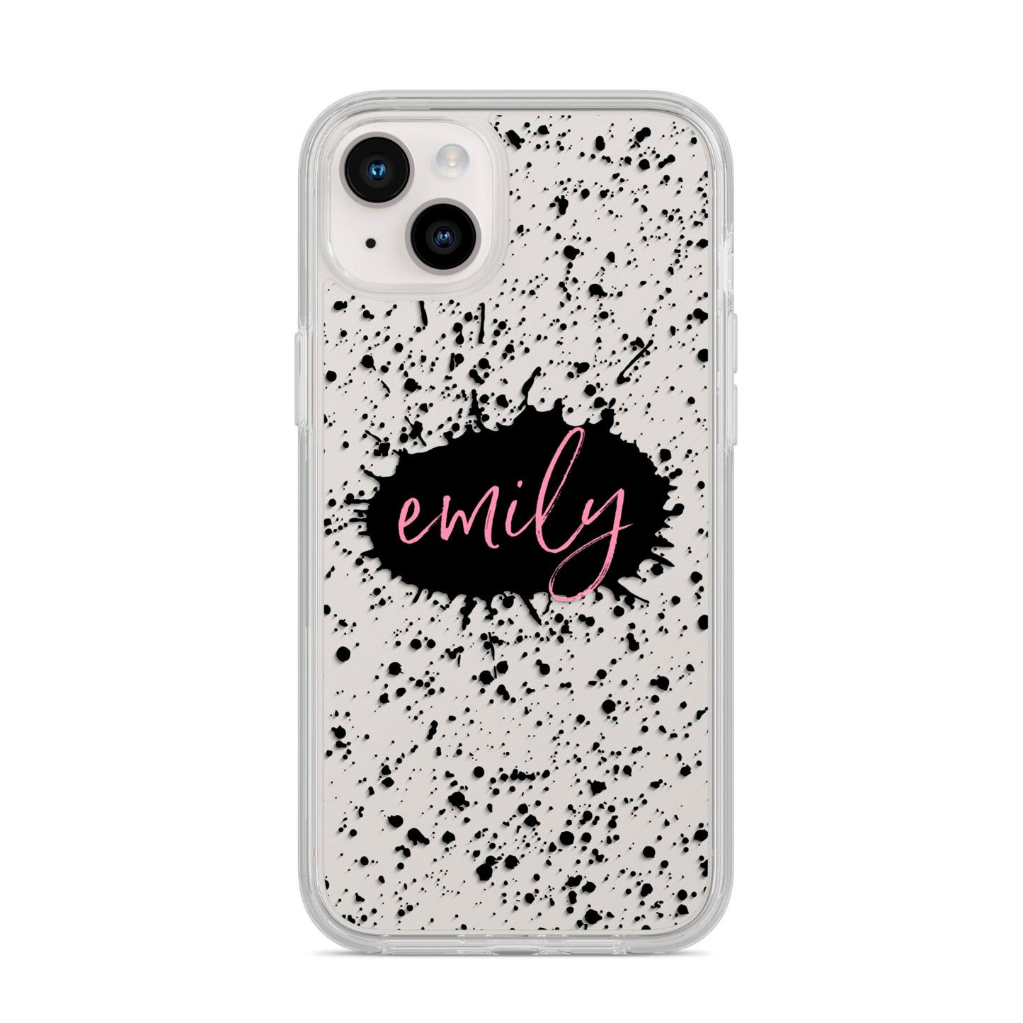 Personalised Black Ink Splat Clear Name iPhone 14 Plus Clear Tough Case Starlight