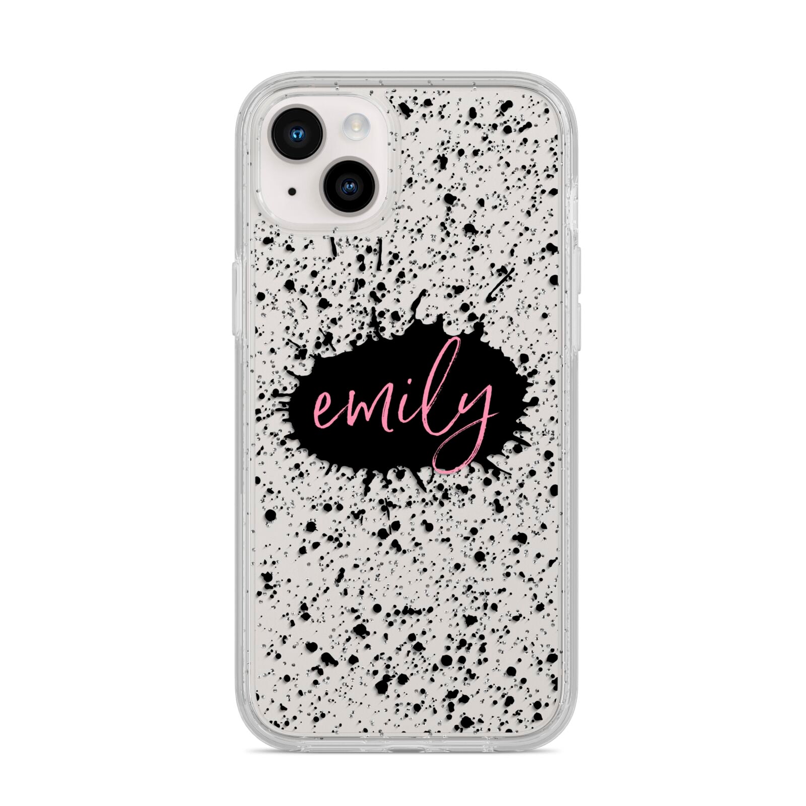 Personalised Black Ink Splat Clear Name iPhone 14 Plus Glitter Tough Case Starlight