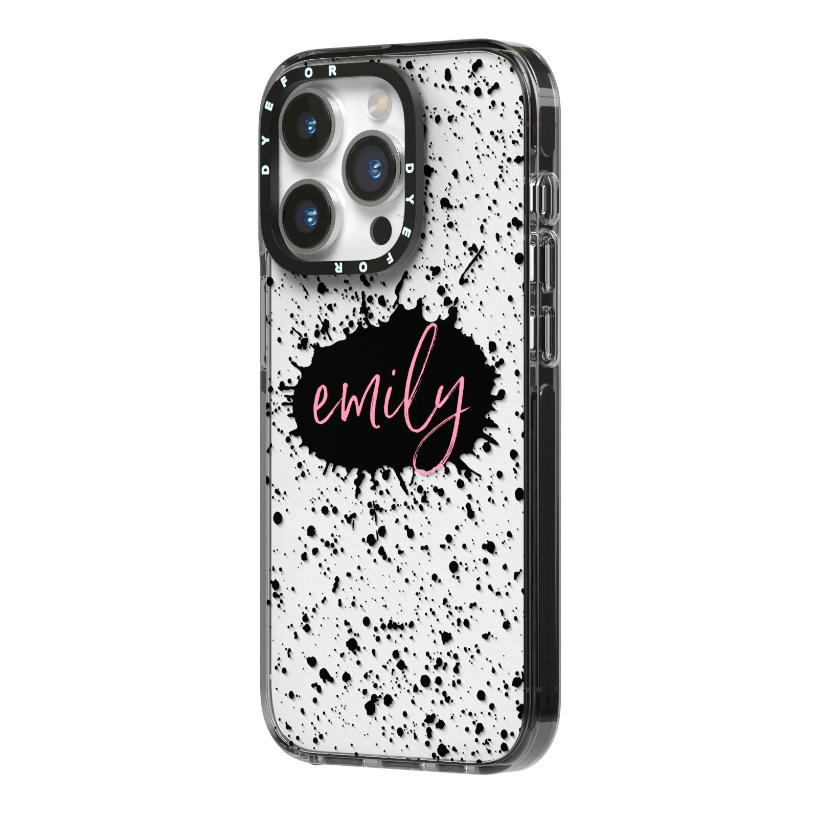 Personalised Black Ink Splat Clear Name iPhone 14 Pro Black Impact Case Side Angle on Silver phone