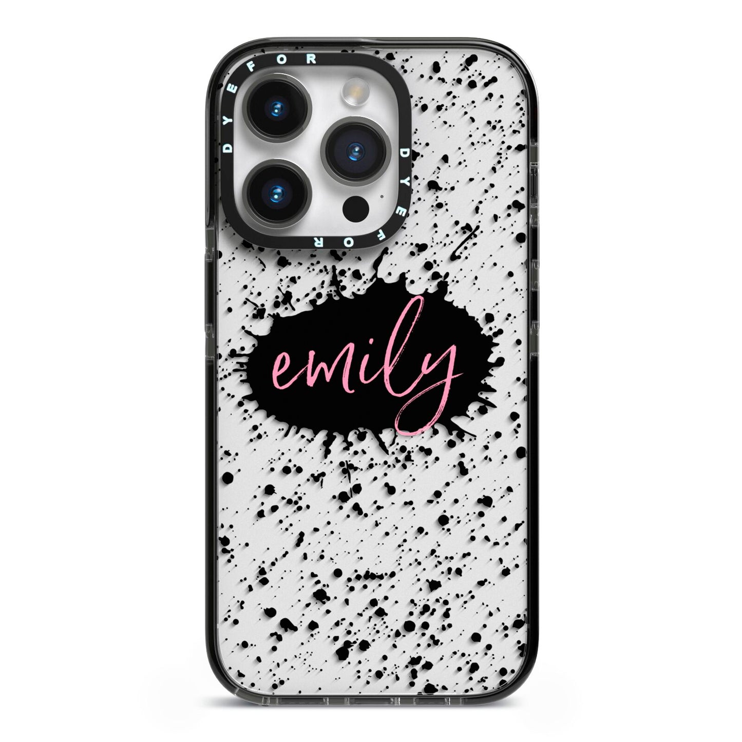 Personalised Black Ink Splat Clear Name iPhone 14 Pro Black Impact Case on Silver phone