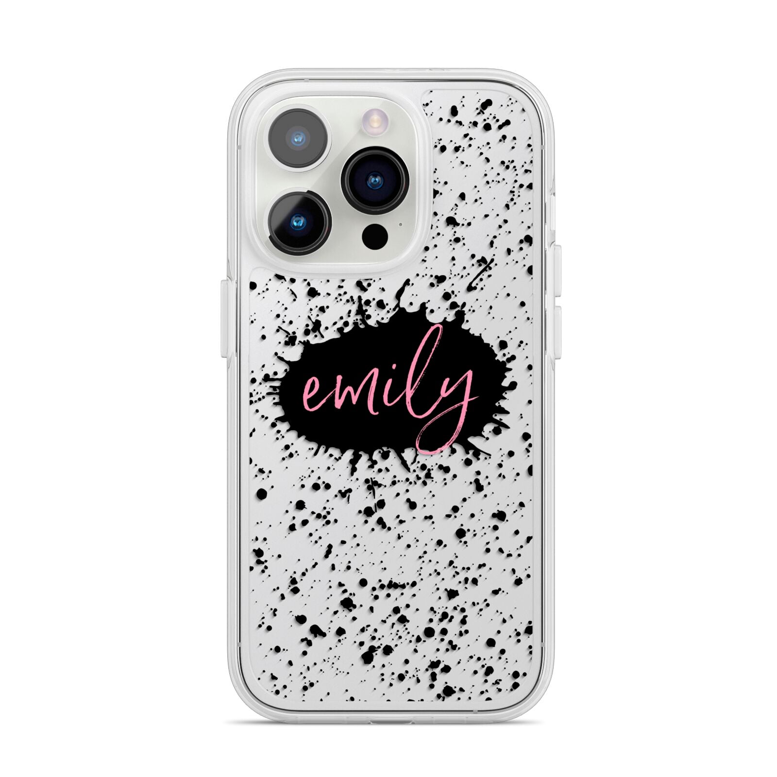 Personalised Black Ink Splat Clear Name iPhone 14 Pro Clear Tough Case Silver