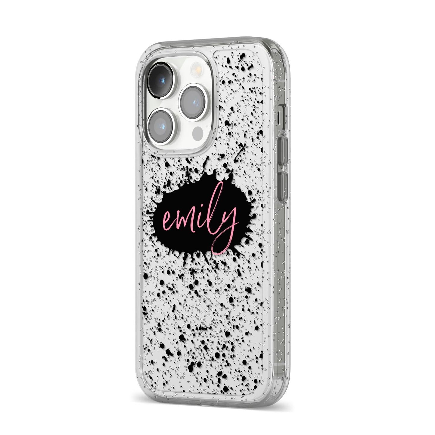 Personalised Black Ink Splat Clear Name iPhone 14 Pro Glitter Tough Case Silver Angled Image