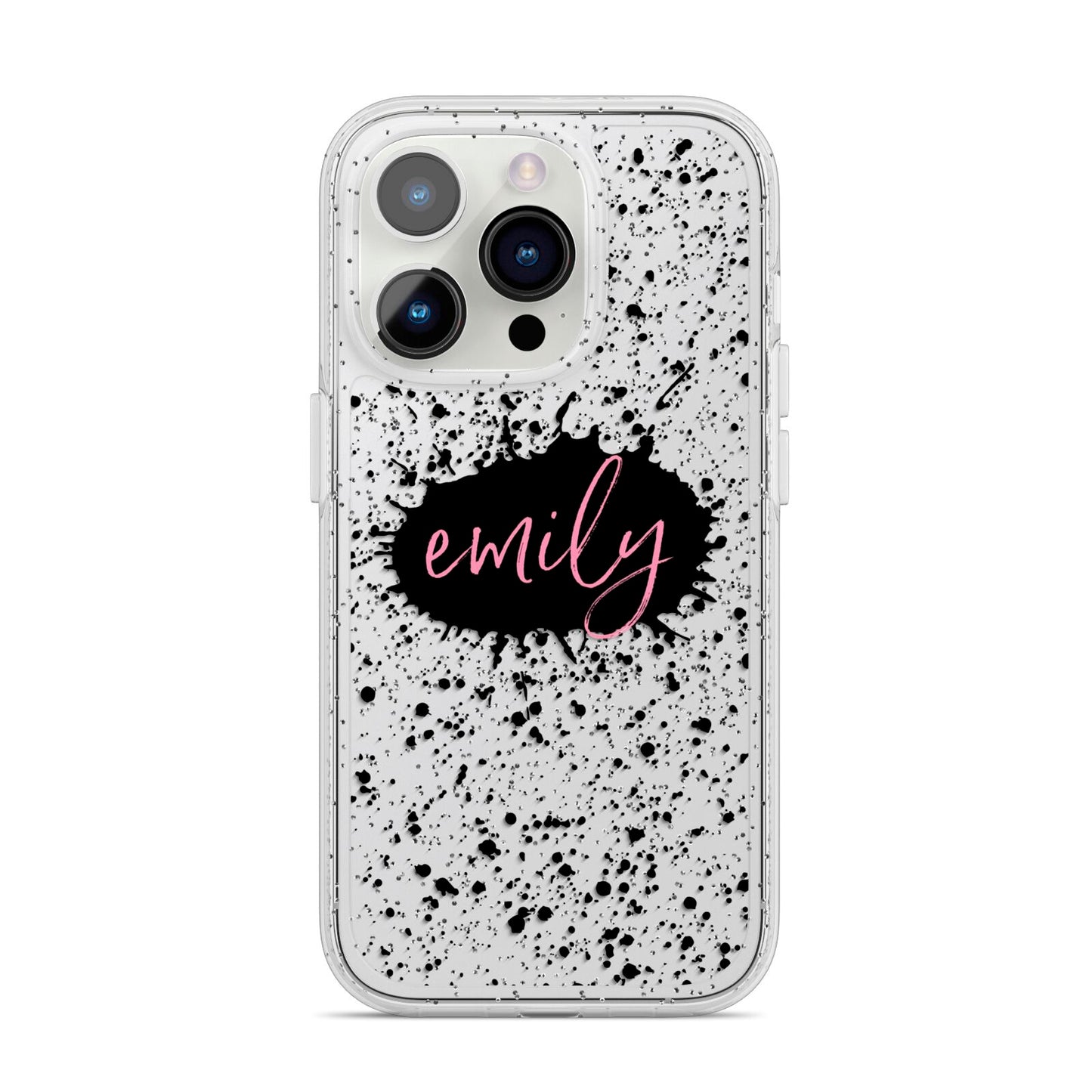 Personalised Black Ink Splat Clear Name iPhone 14 Pro Glitter Tough Case Silver