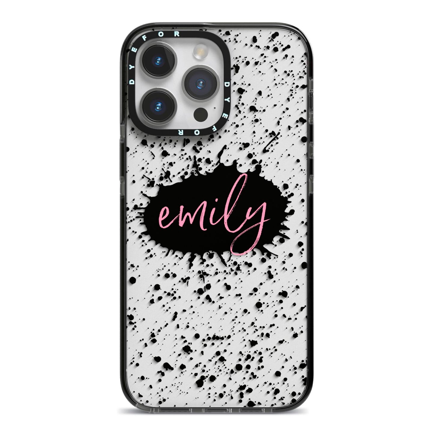 Personalised Black Ink Splat Clear Name iPhone 14 Pro Max Black Impact Case on Silver phone