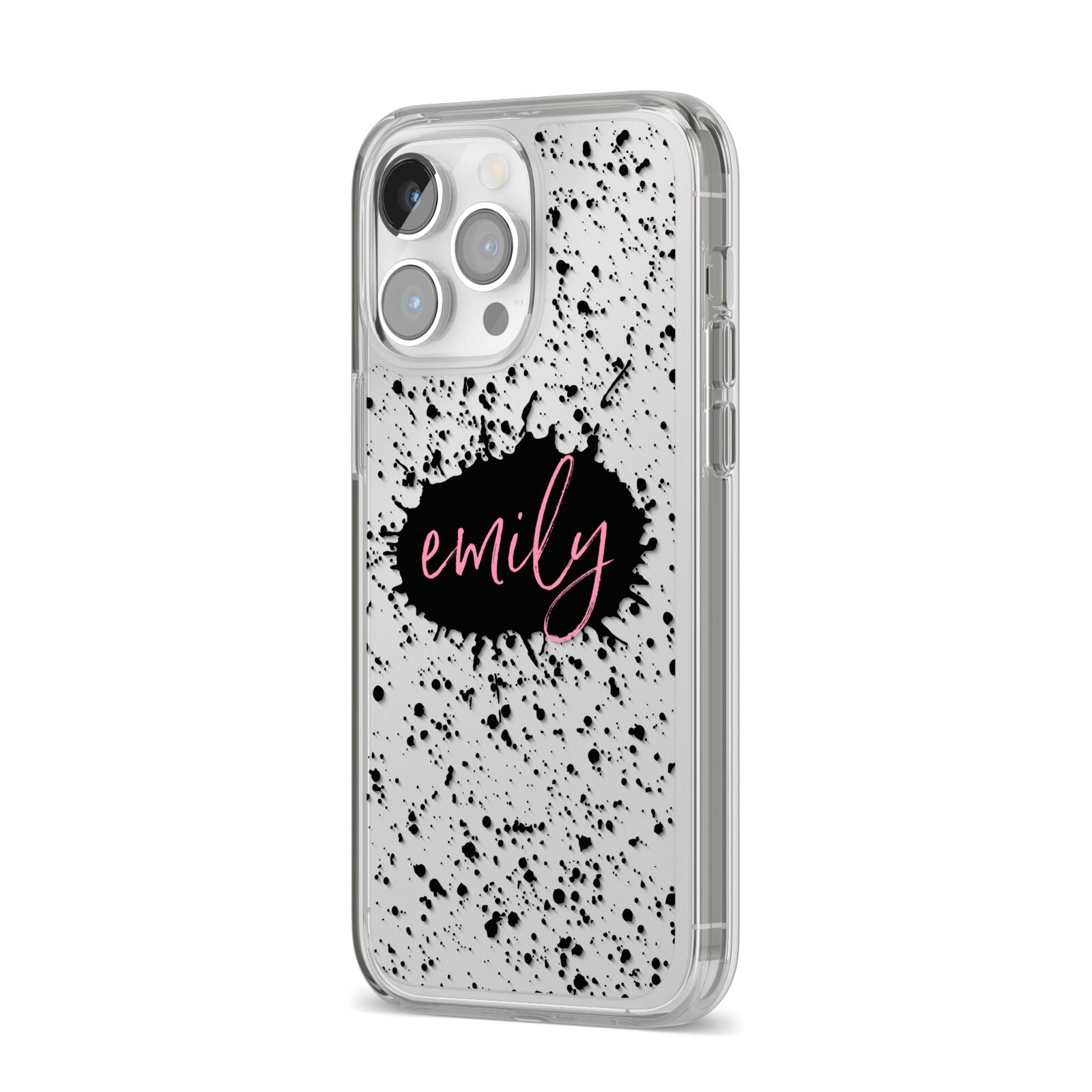 Personalised Black Ink Splat Clear Name iPhone 14 Pro Max Clear Tough Case Silver Angled Image