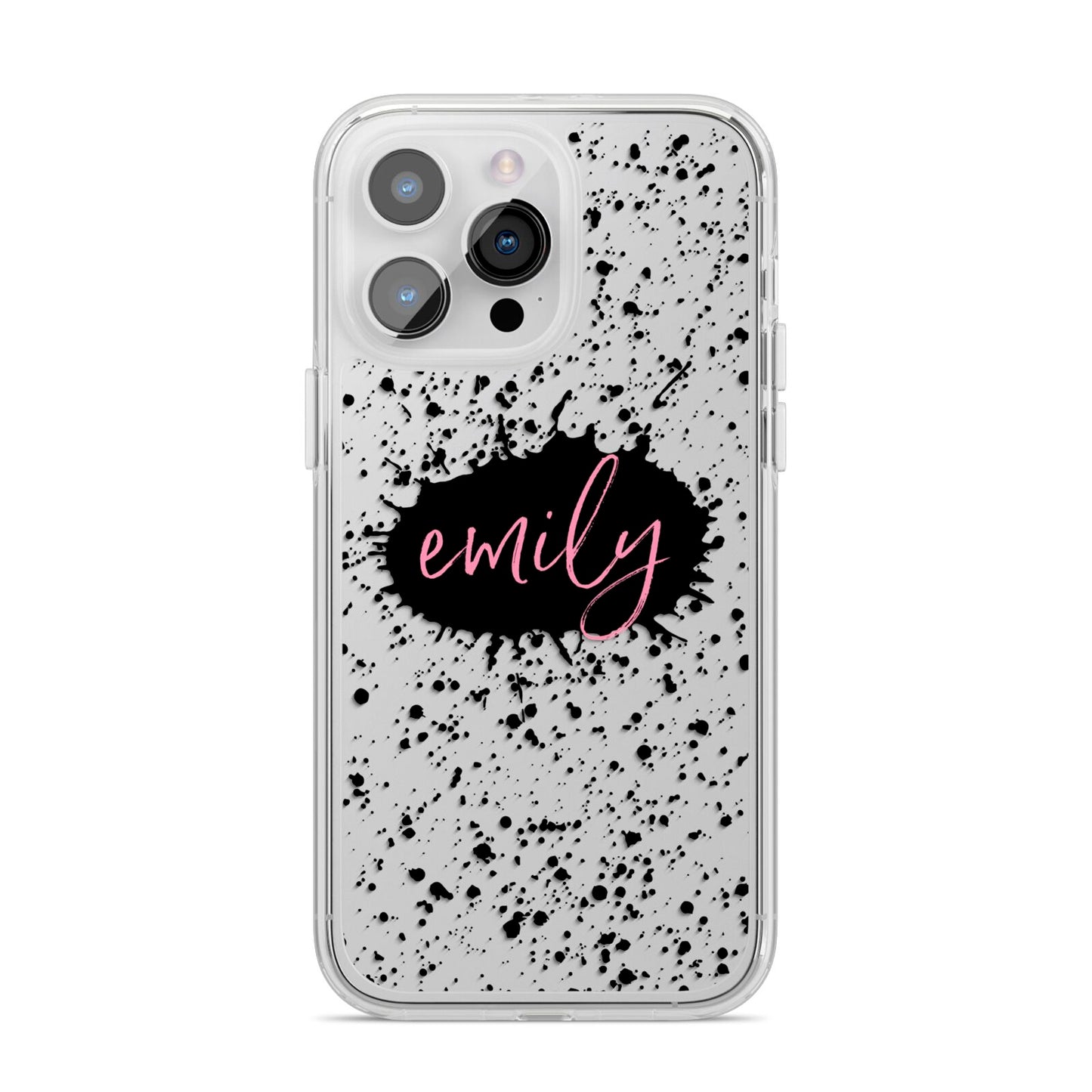 Personalised Black Ink Splat Clear Name iPhone 14 Pro Max Clear Tough Case Silver