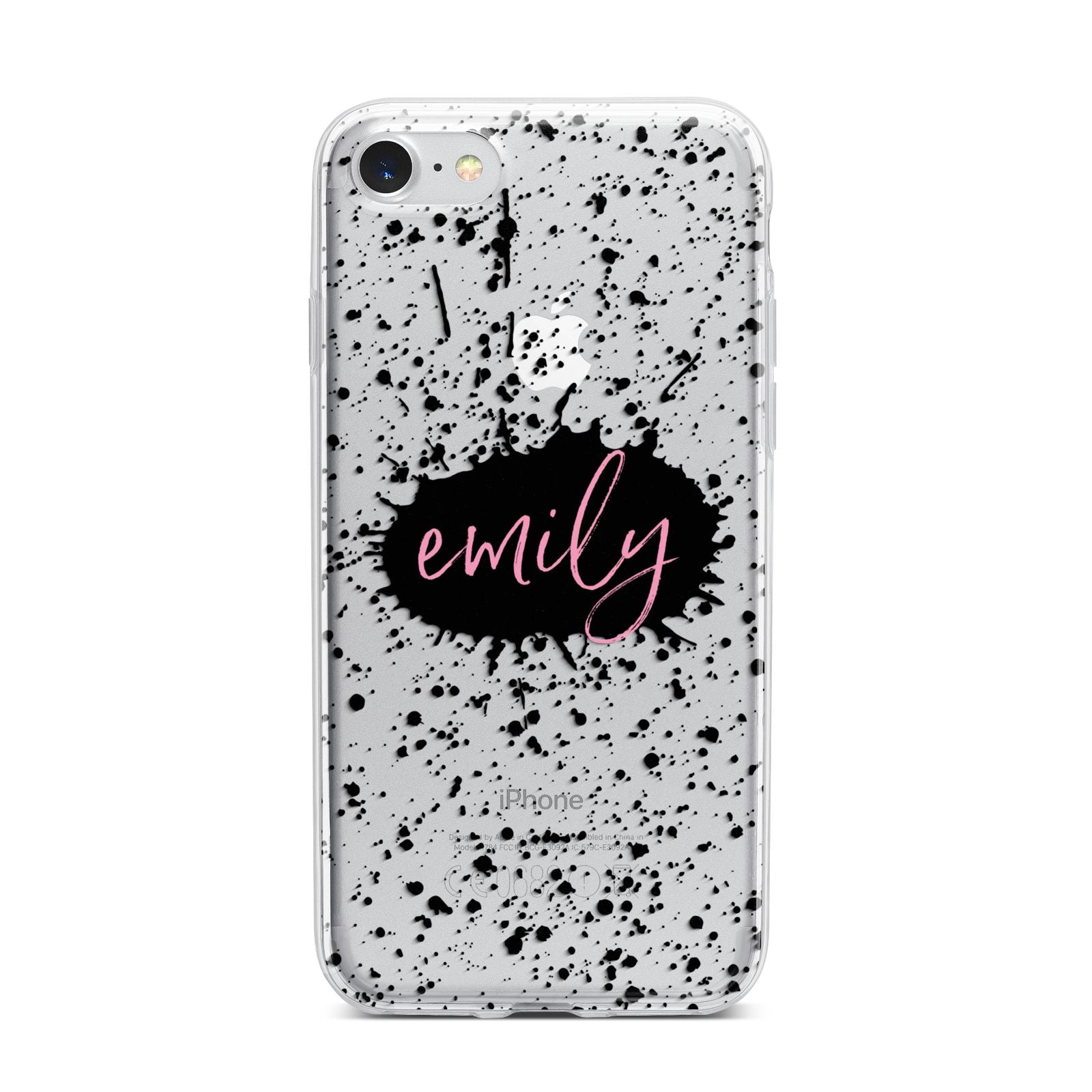 Personalised Black Ink Splat Clear Name iPhone 7 Bumper Case on Silver iPhone