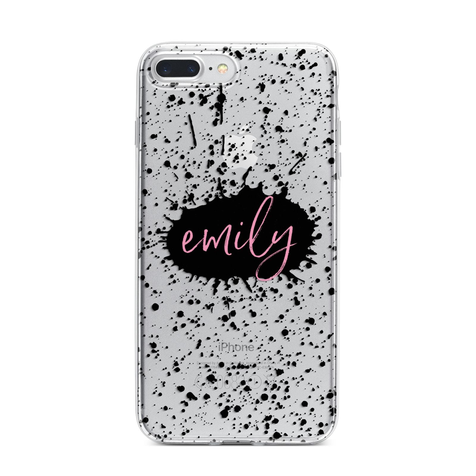 Personalised Black Ink Splat Clear Name iPhone 7 Plus Bumper Case on Silver iPhone
