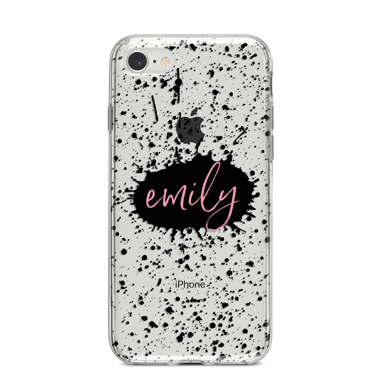 Personalised Black Ink Splat Clear Name iPhone 8 Bumper Case on Silver iPhone