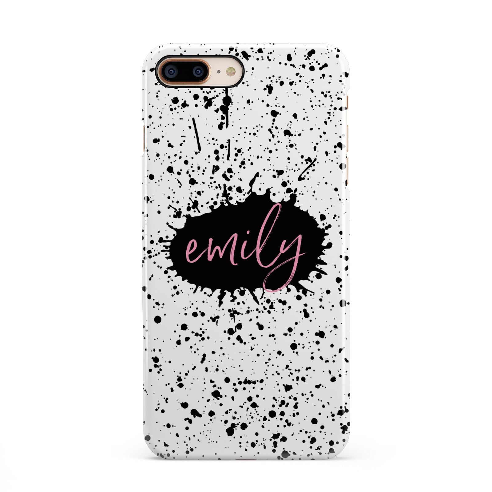 Personalised Black Ink Splat Clear Name iPhone 8 Plus 3D Snap Case on Gold Phone