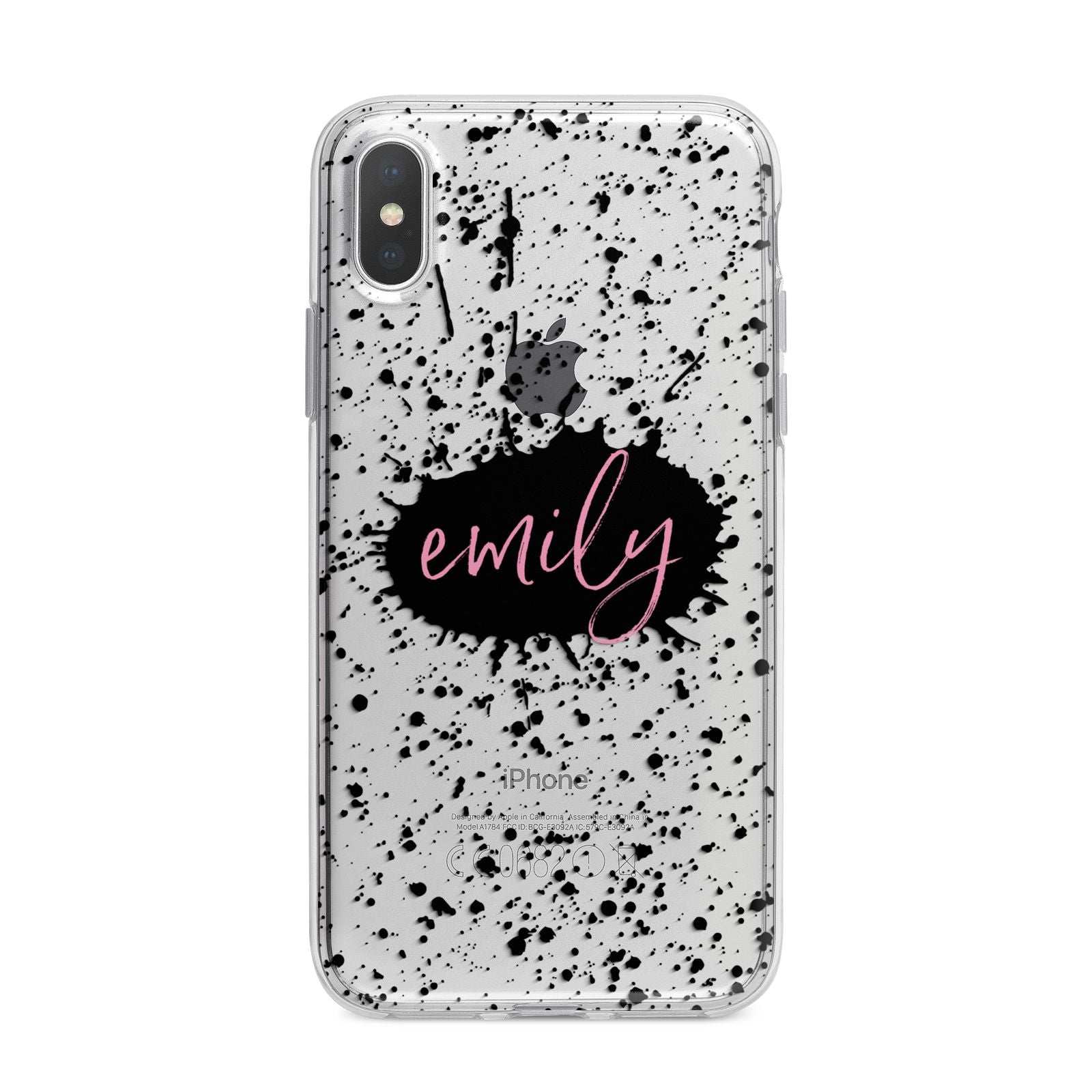 Personalised Black Ink Splat Clear Name iPhone X Bumper Case on Silver iPhone Alternative Image 1
