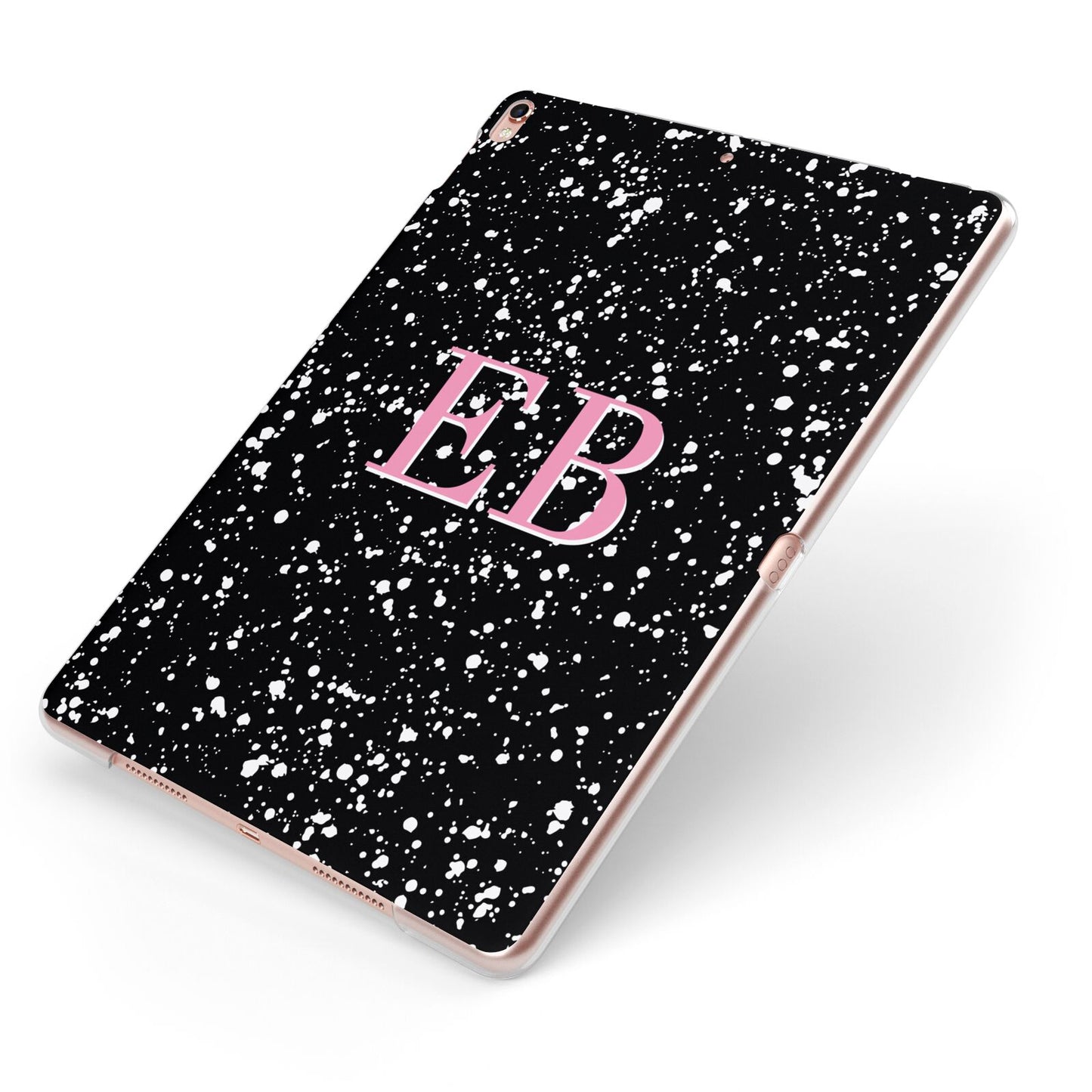Personalised Black Ink Splat Initials Apple iPad Case on Rose Gold iPad Side View