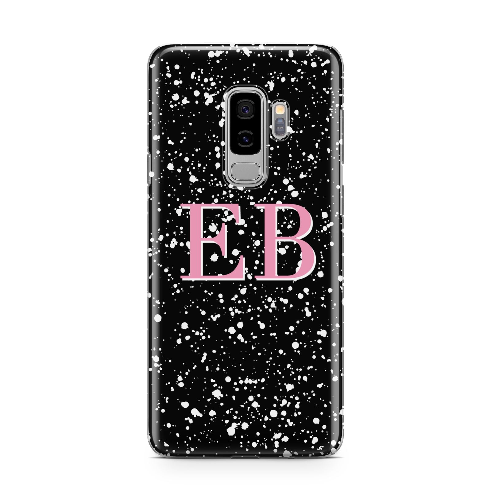 Personalised Black Ink Splat Initials Samsung Galaxy S9 Plus Case on Silver phone