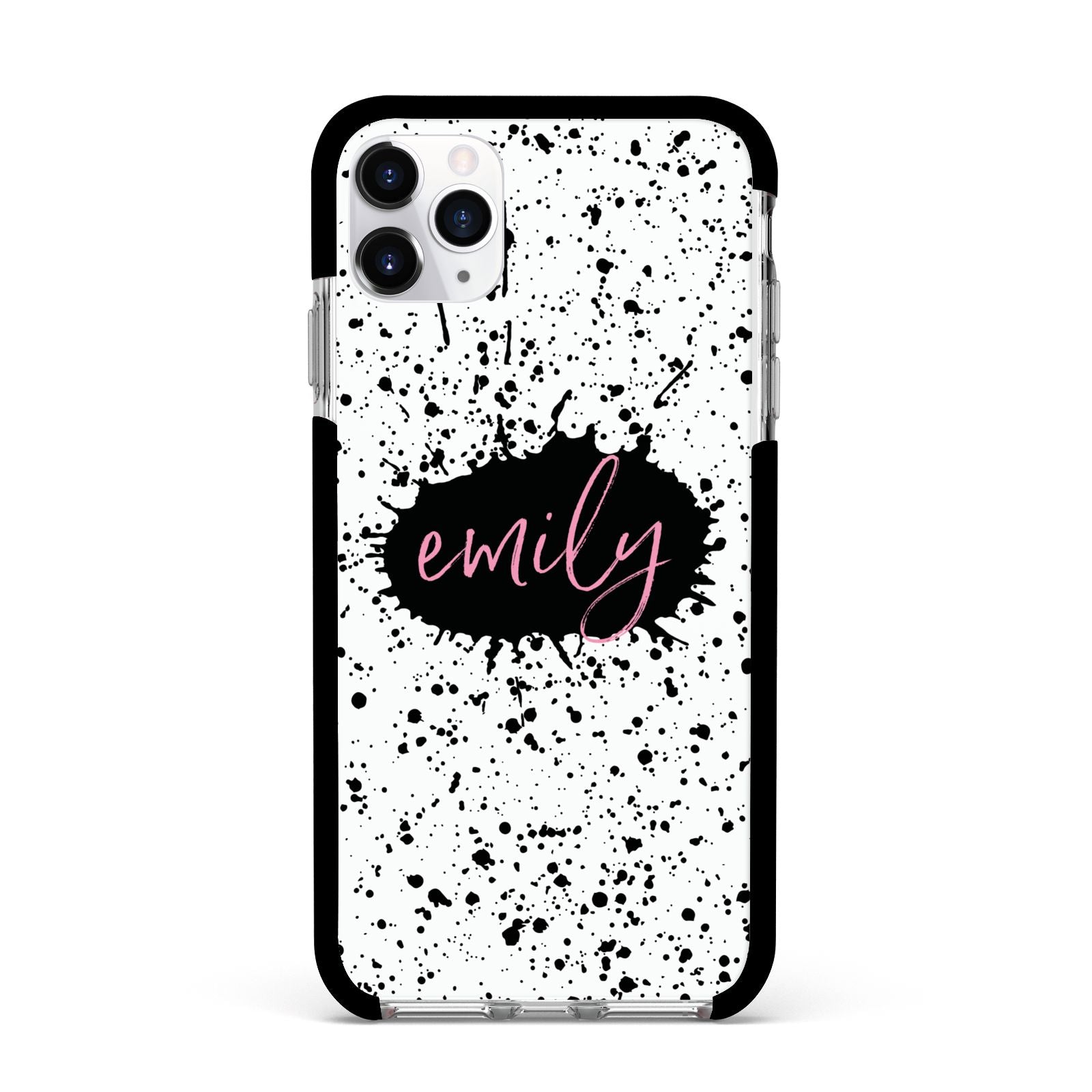 Personalised Black Ink Splat Name Apple iPhone 11 Pro Max in Silver with Black Impact Case