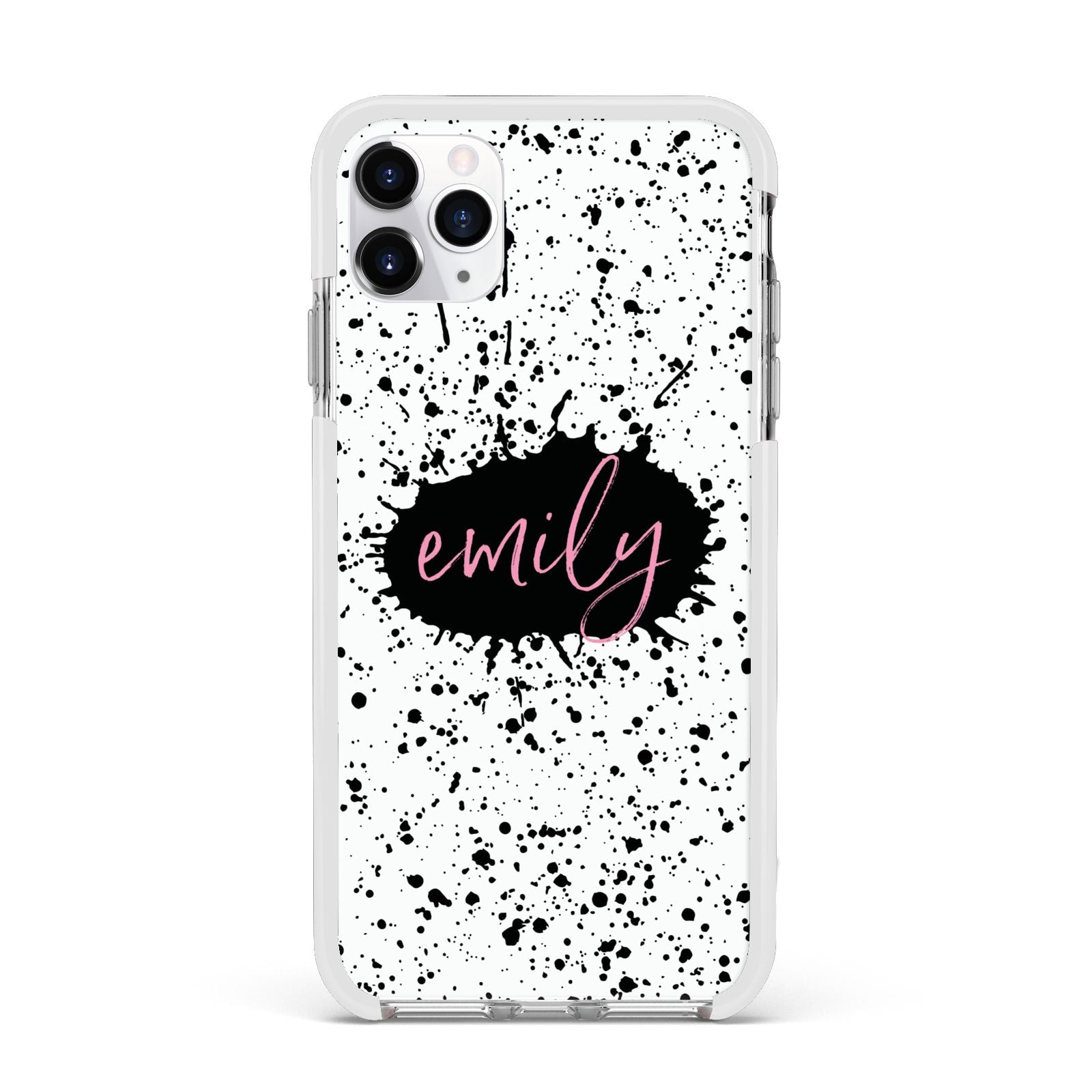 Personalised Black Ink Splat Name Apple iPhone 11 Pro Max in Silver with White Impact Case