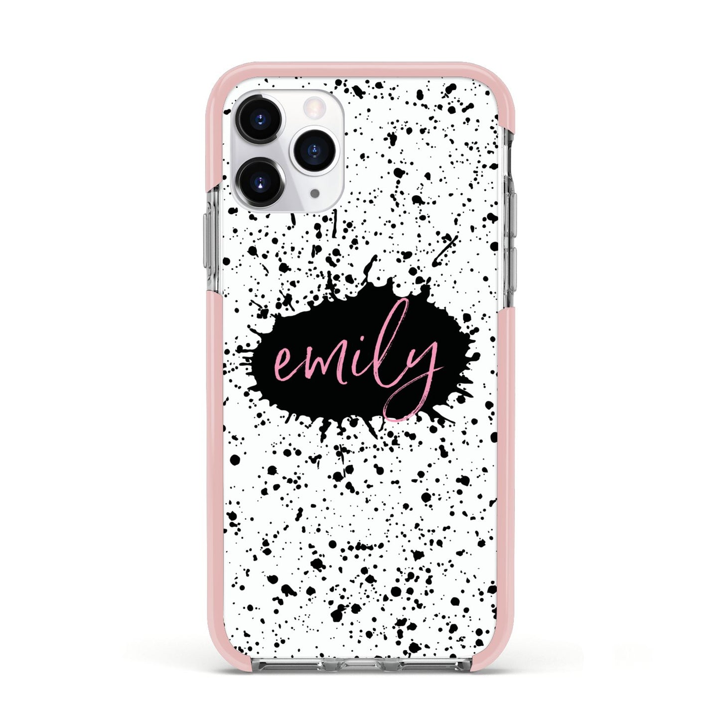 Personalised Black Ink Splat Name Apple iPhone 11 Pro in Silver with Pink Impact Case