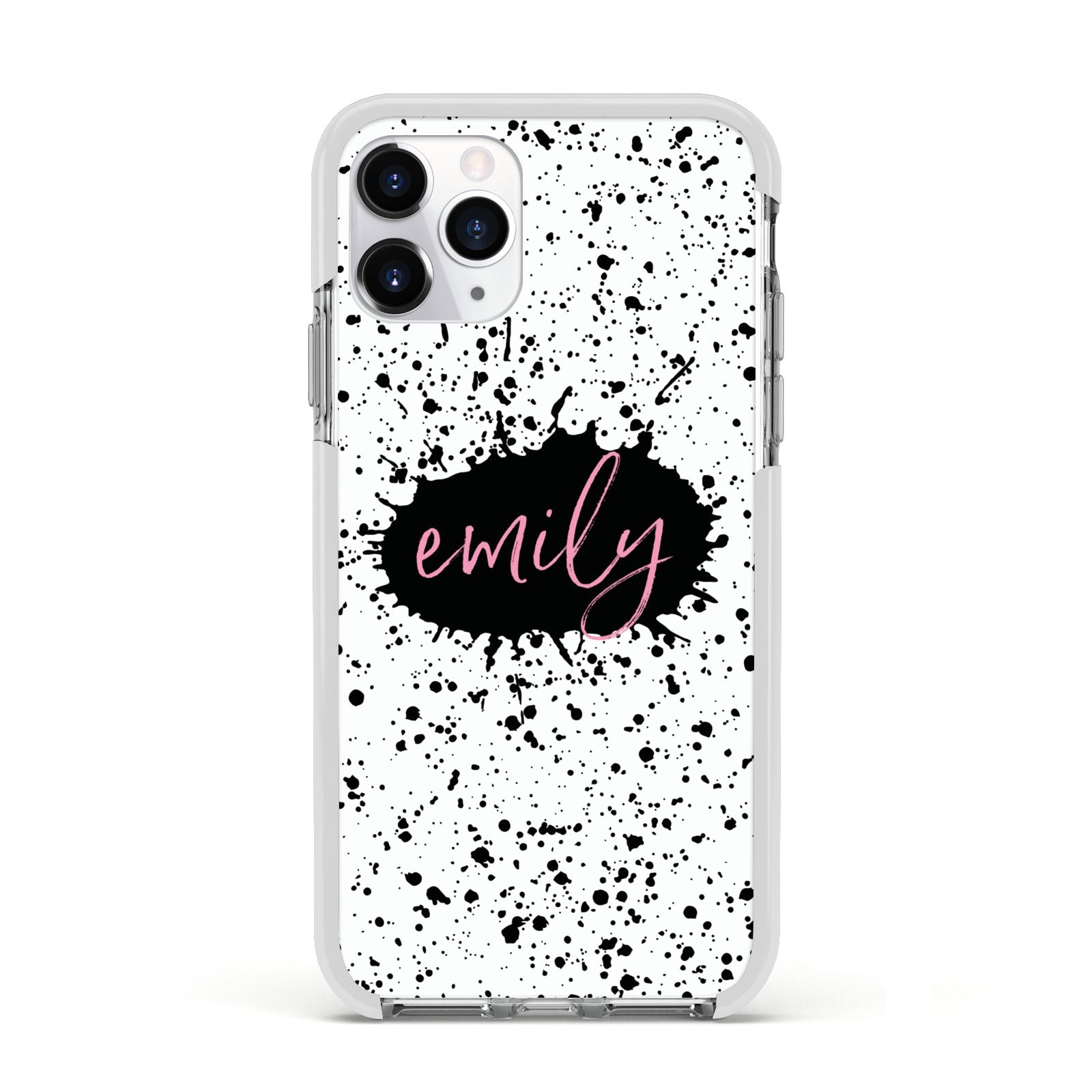Personalised Black Ink Splat Name Apple iPhone 11 Pro in Silver with White Impact Case