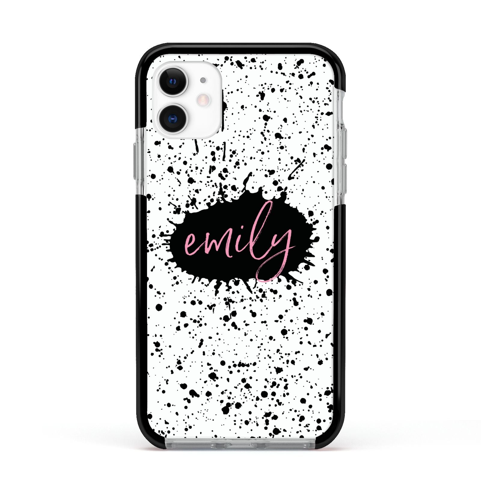 Personalised Black Ink Splat Name Apple iPhone 11 in White with Black Impact Case