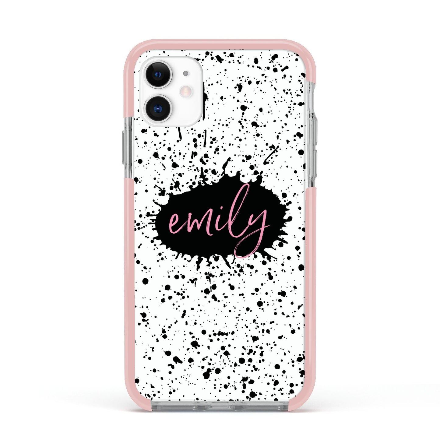 Personalised Black Ink Splat Name Apple iPhone 11 in White with Pink Impact Case