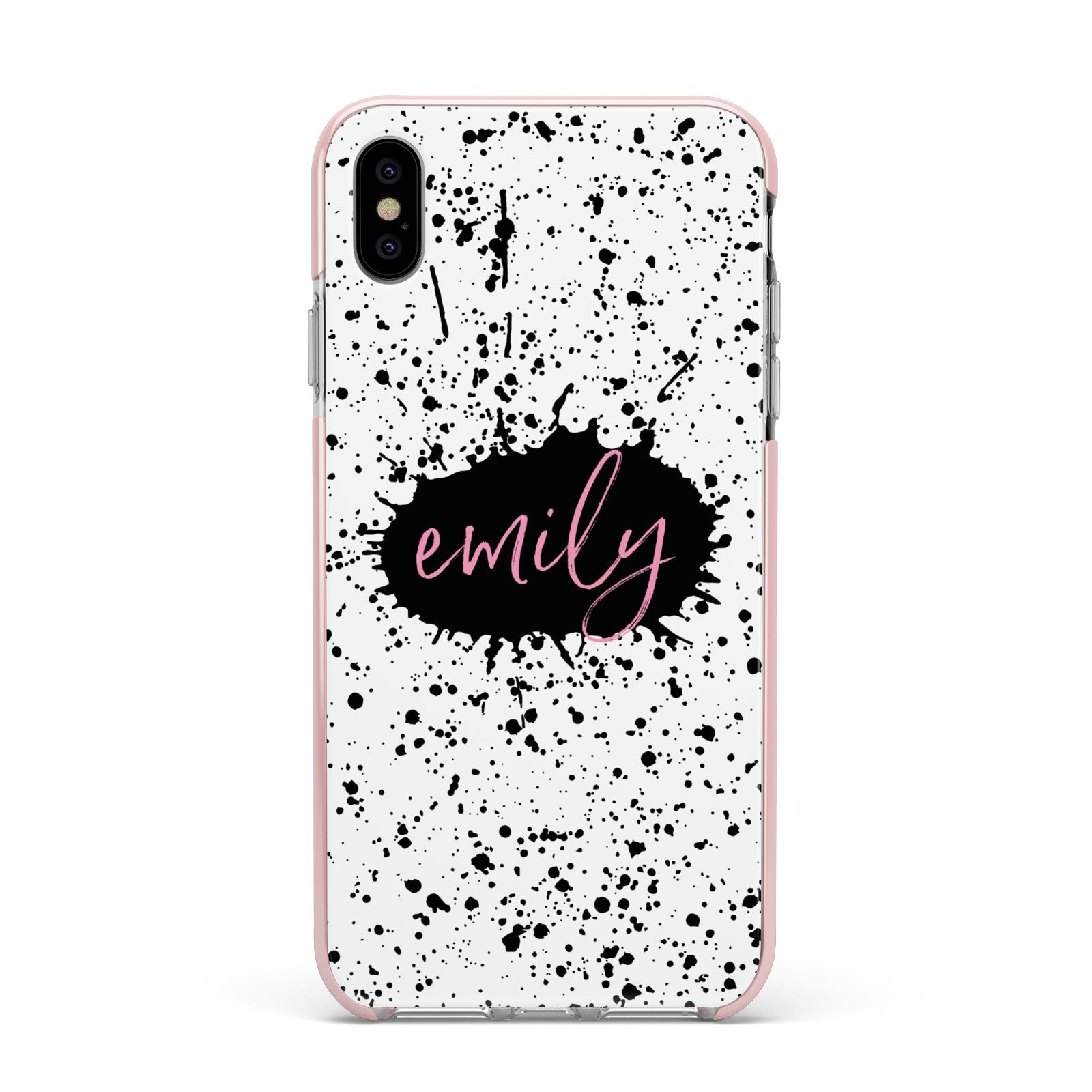 Personalised Black Ink Splat Name Apple iPhone Xs Max Impact Case Pink Edge on Silver Phone