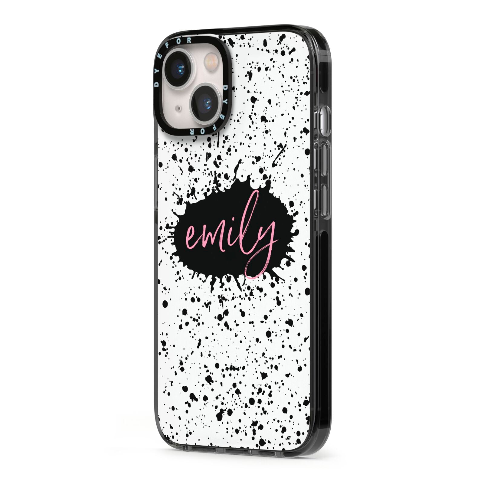 Personalised Black Ink Splat Name iPhone 13 Black Impact Case Side Angle on Silver phone
