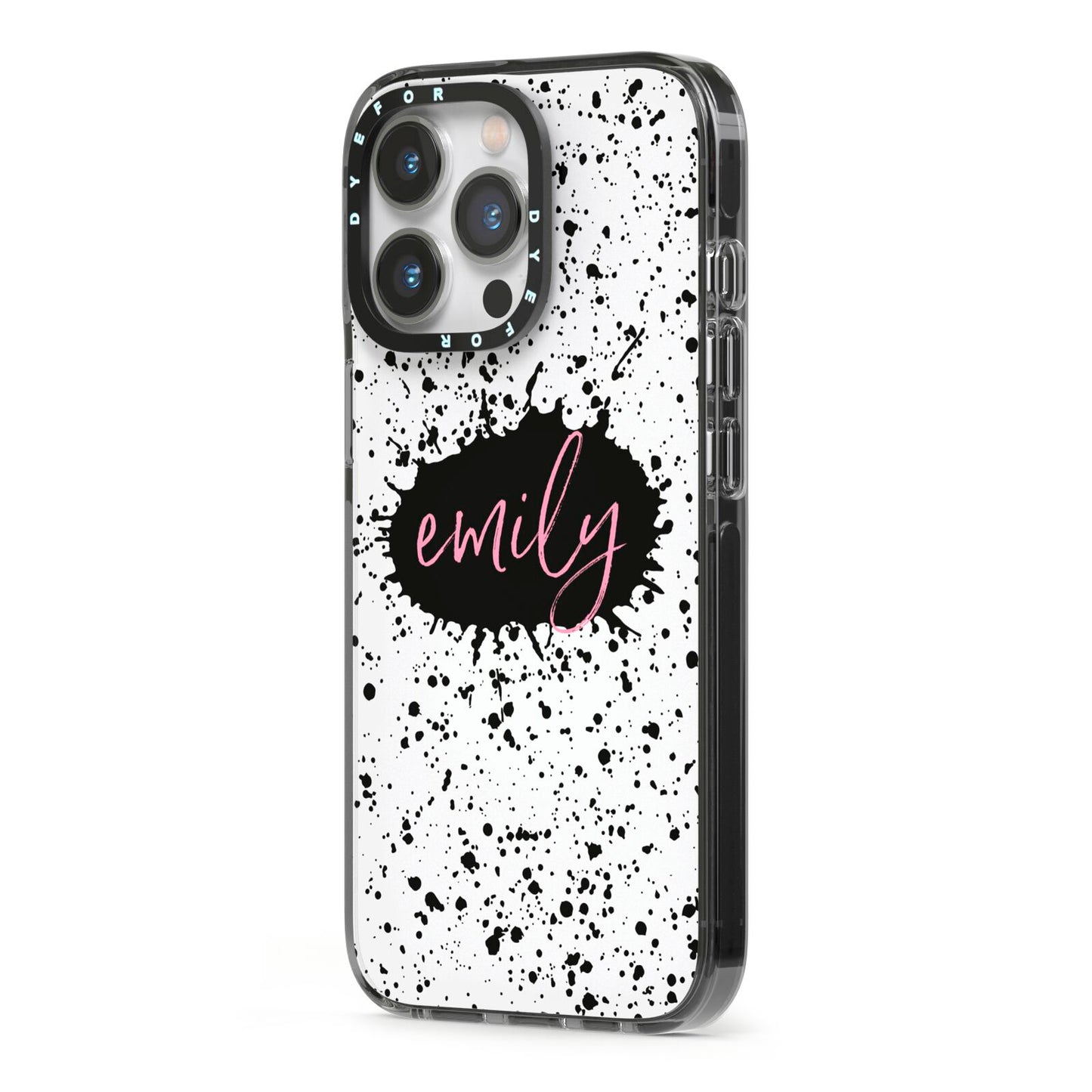 Personalised Black Ink Splat Name iPhone 13 Pro Black Impact Case Side Angle on Silver phone