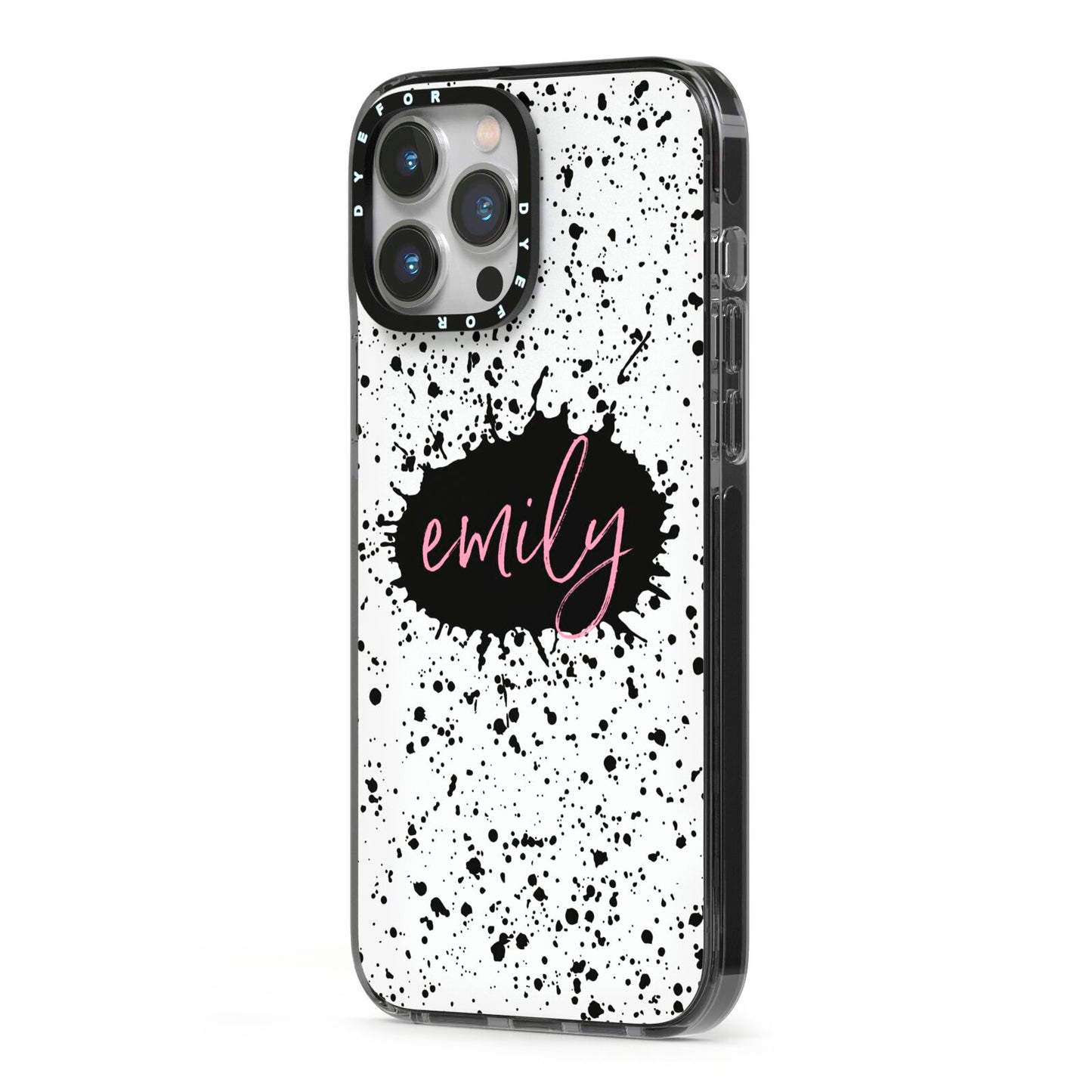 Personalised Black Ink Splat Name iPhone 13 Pro Max Black Impact Case Side Angle on Silver phone