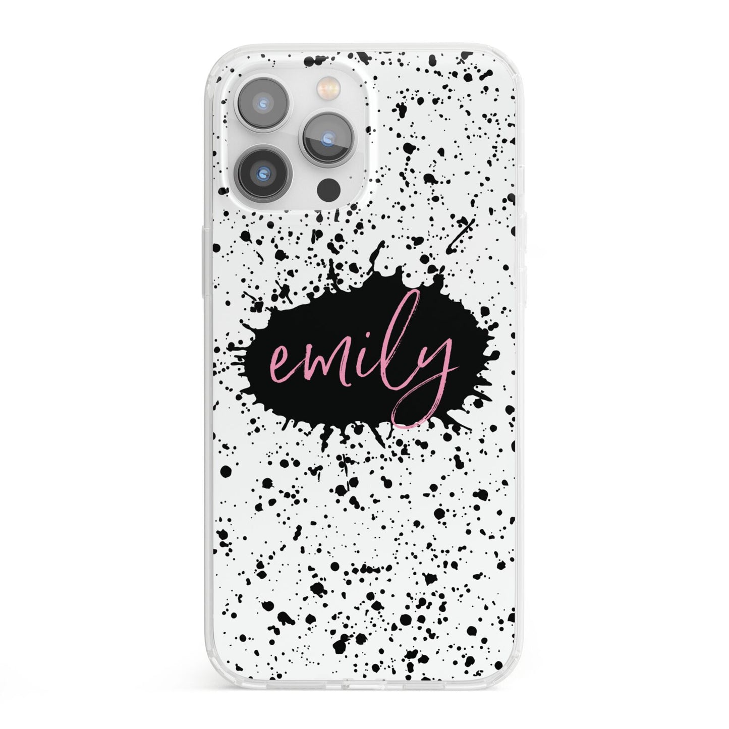 Personalised Black Ink Splat Name iPhone 13 Pro Max Clear Bumper Case