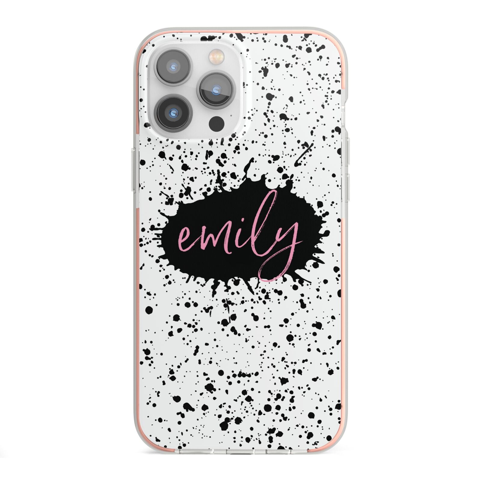 Personalised Black Ink Splat Name iPhone 13 Pro Max TPU Impact Case with Pink Edges
