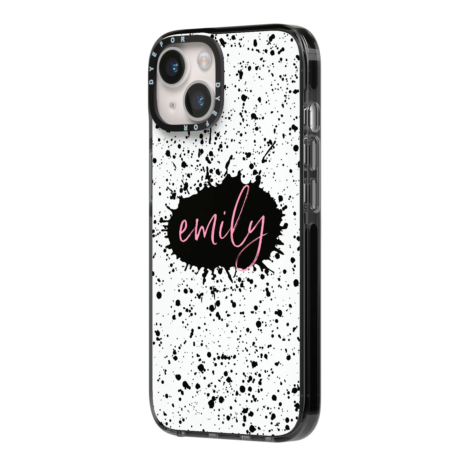 Personalised Black Ink Splat Name iPhone 14 Black Impact Case Side Angle on Silver phone