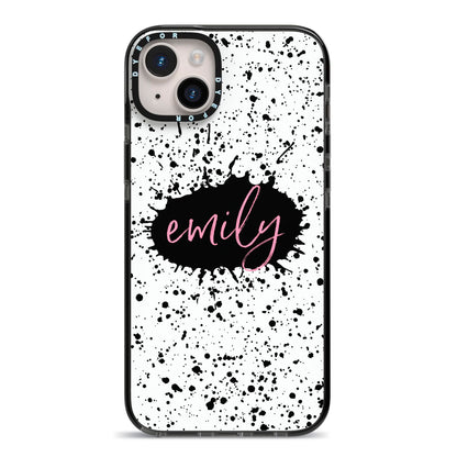 Personalised Black Ink Splat Name iPhone 14 Plus Black Impact Case on Silver phone