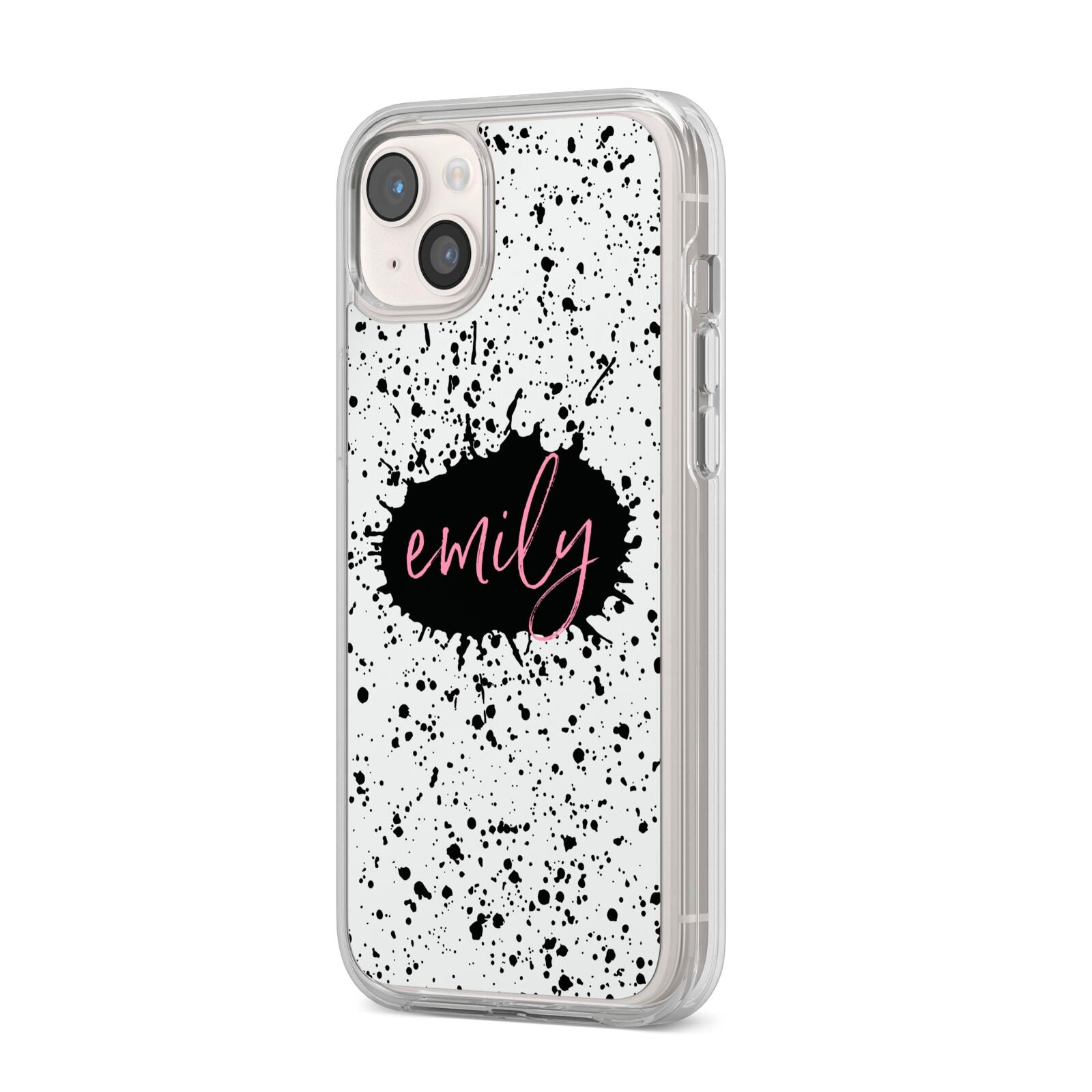 Personalised Black Ink Splat Name iPhone 14 Plus Clear Tough Case Starlight Angled Image