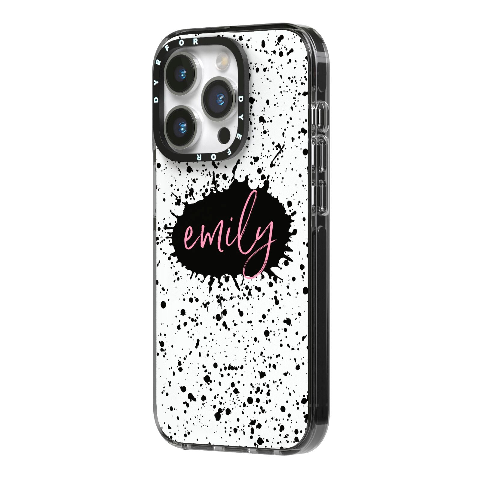 Personalised Black Ink Splat Name iPhone 14 Pro Black Impact Case Side Angle on Silver phone