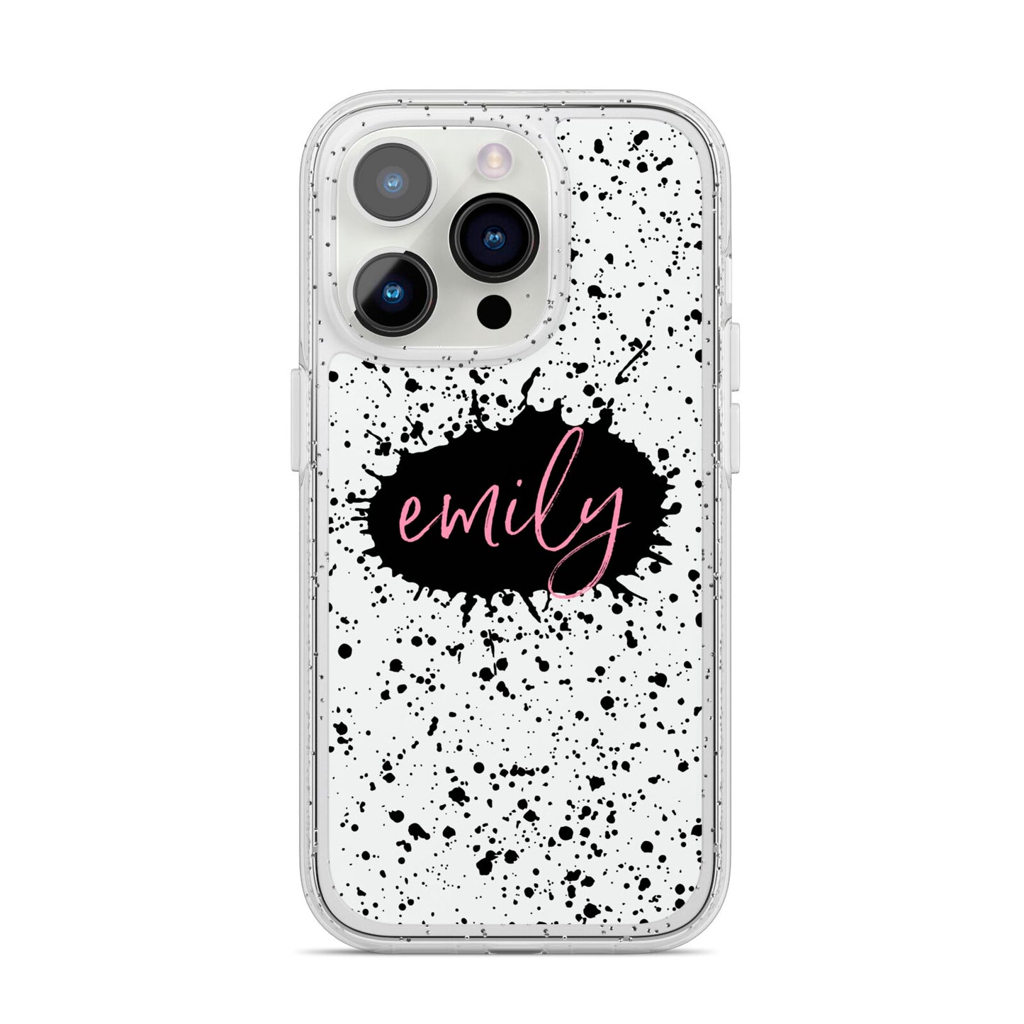 Personalised Black Ink Splat Name iPhone 14 Pro Glitter Tough Case Silver