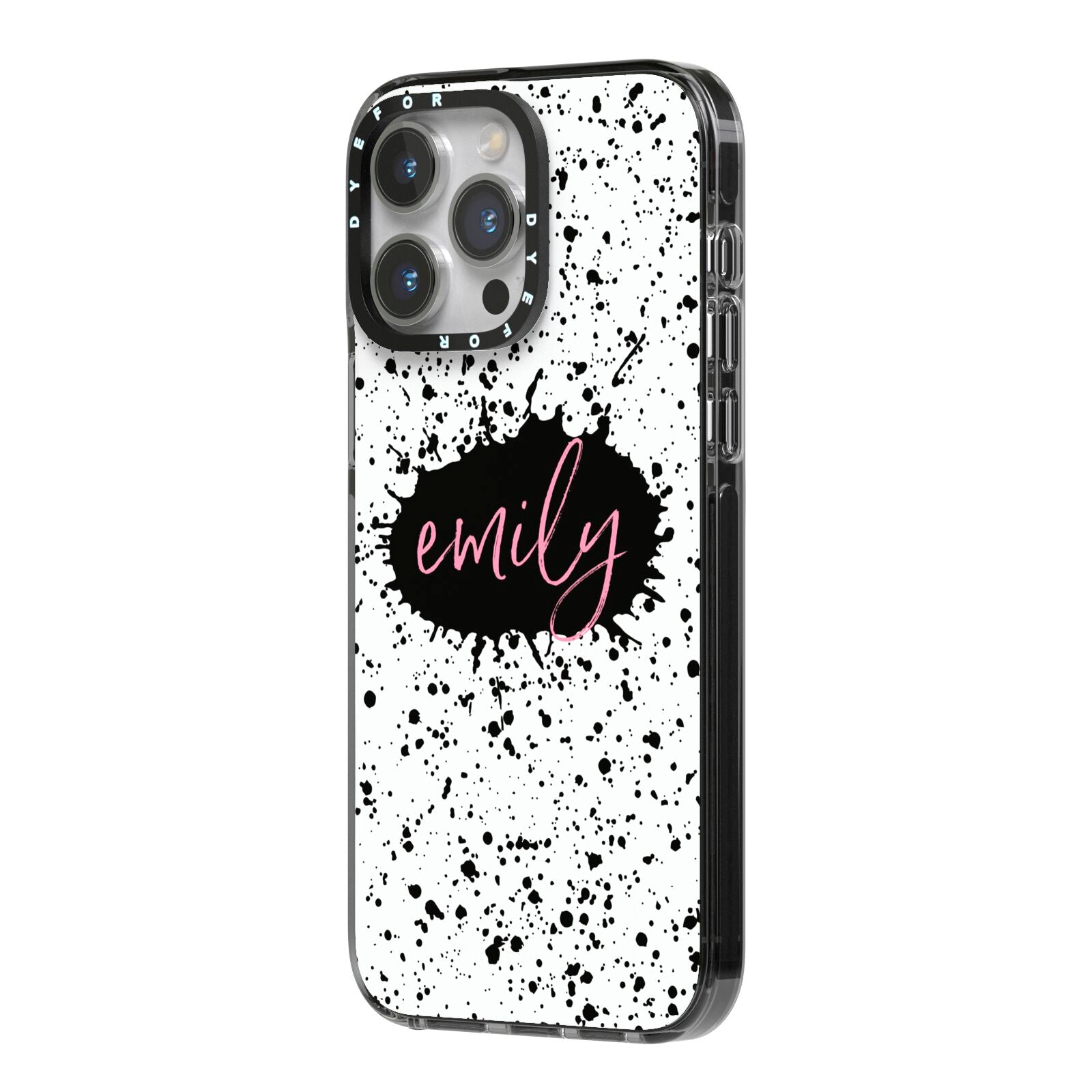 Personalised Black Ink Splat Name iPhone 14 Pro Max Black Impact Case Side Angle on Silver phone