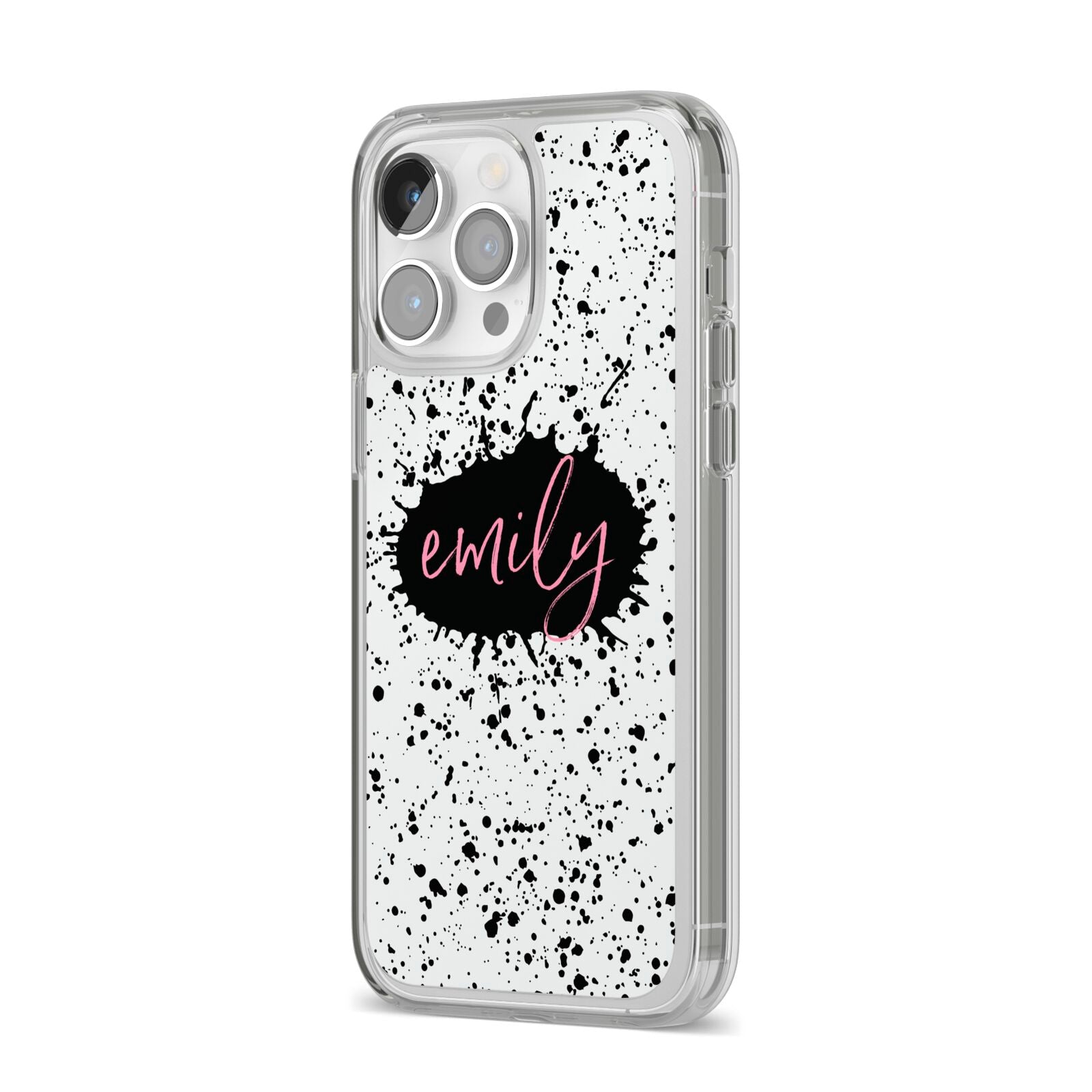 Personalised Black Ink Splat Name iPhone 14 Pro Max Clear Tough Case Silver Angled Image