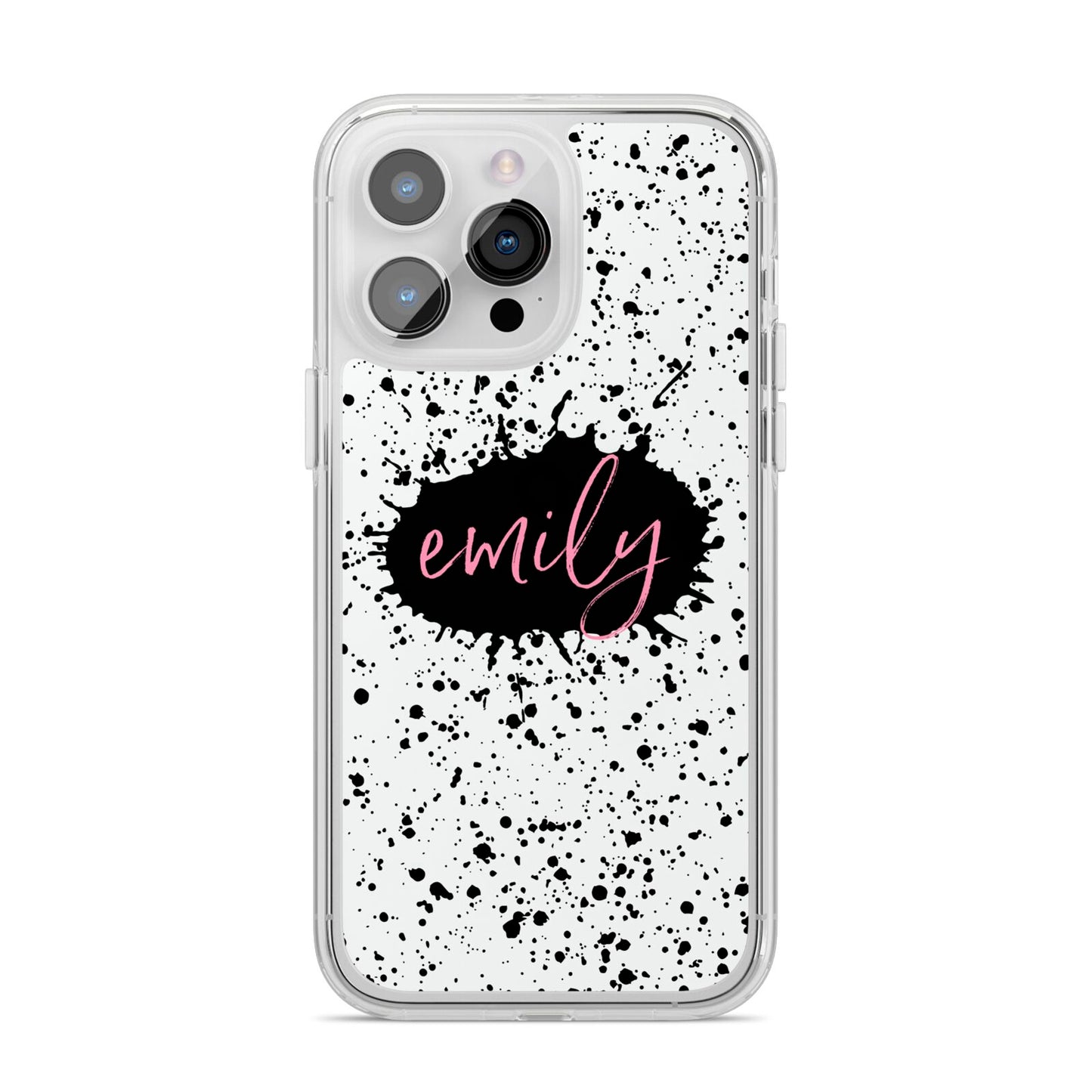 Personalised Black Ink Splat Name iPhone 14 Pro Max Clear Tough Case Silver