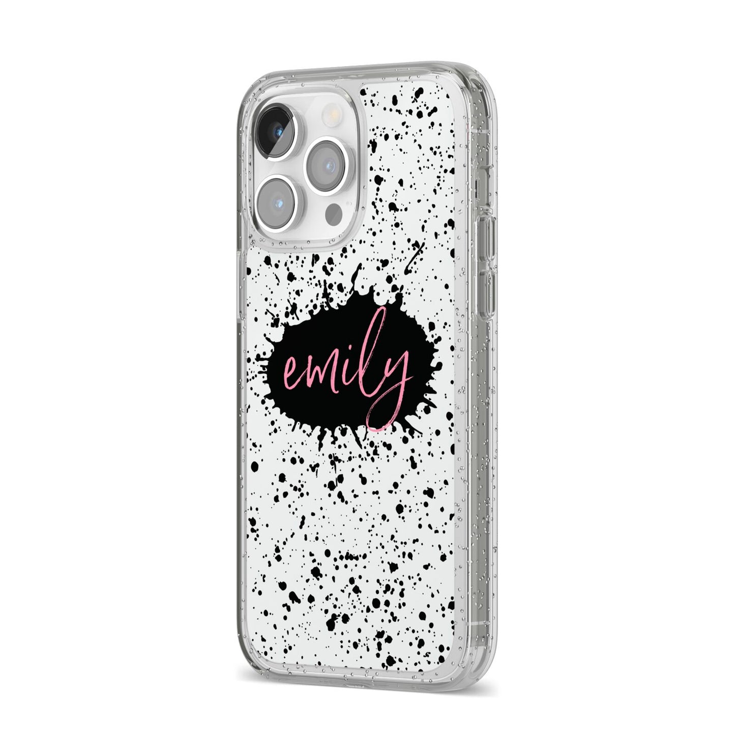 Personalised Black Ink Splat Name iPhone 14 Pro Max Glitter Tough Case Silver Angled Image