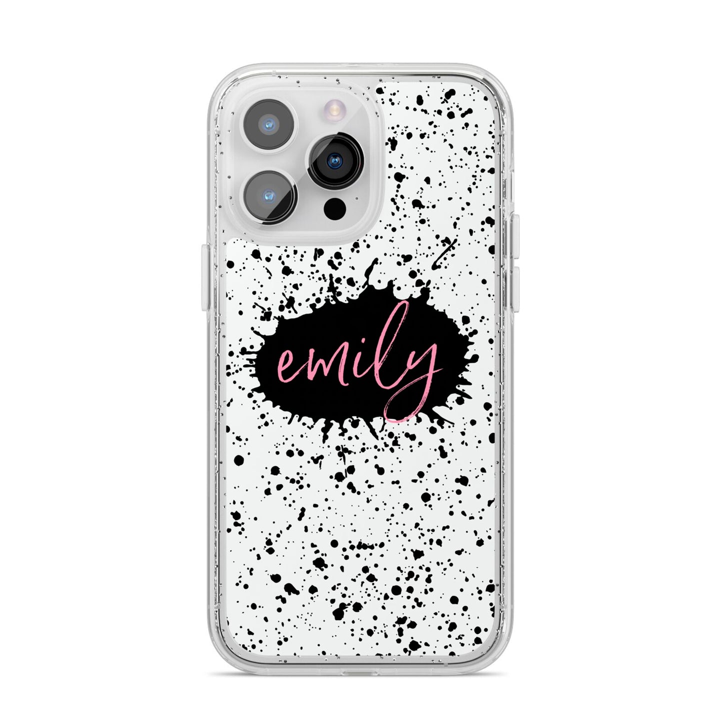 Personalised Black Ink Splat Name iPhone 14 Pro Max Glitter Tough Case Silver