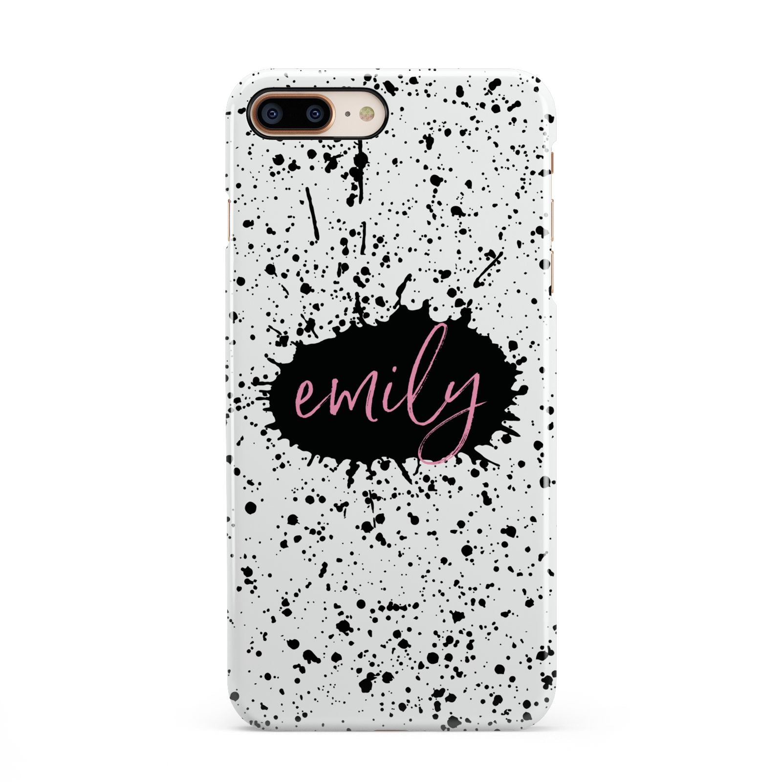 Personalised Black Ink Splat Name iPhone 8 Plus 3D Snap Case on Gold Phone