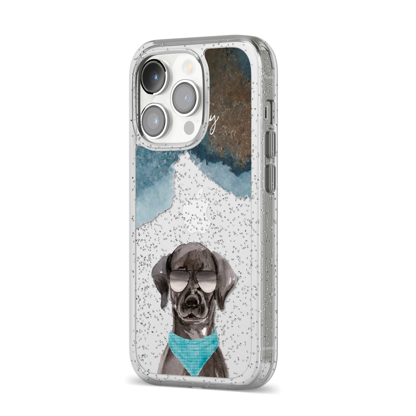 Personalised Black Labrador iPhone 14 Pro Glitter Tough Case Silver Angled Image