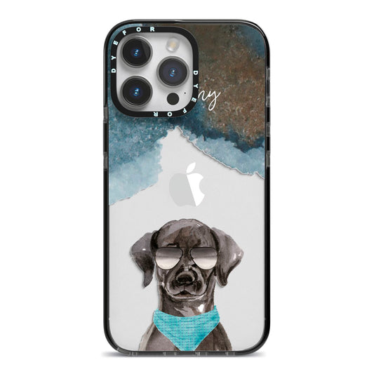 Personalised Black Labrador iPhone 14 Pro Max Black Impact Case on Silver phone