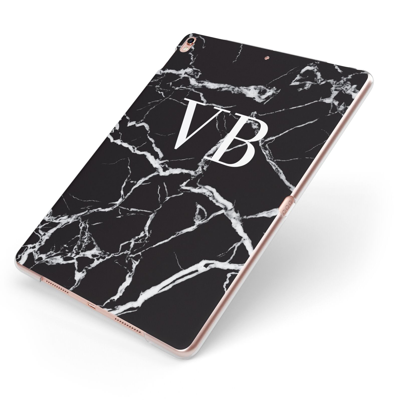 Personalised Black Marble Effect Monogram Apple iPad Case on Rose Gold iPad Side View